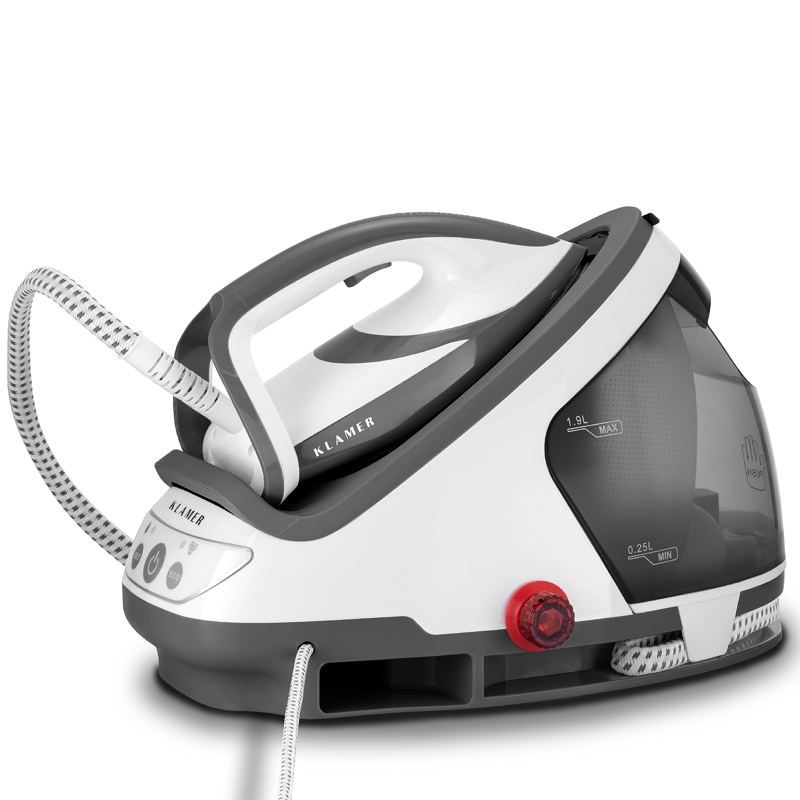 اتو بخار مخزن دار کلامر آلمان KLAMER، فشار بخار 7 بار، بخار مداوم 120 گرم در دقیقه، تقویت بخار 450 گرم در دقیقه، مخزن آب 1.9 لیتری قابل جابجایی، 2800 وات