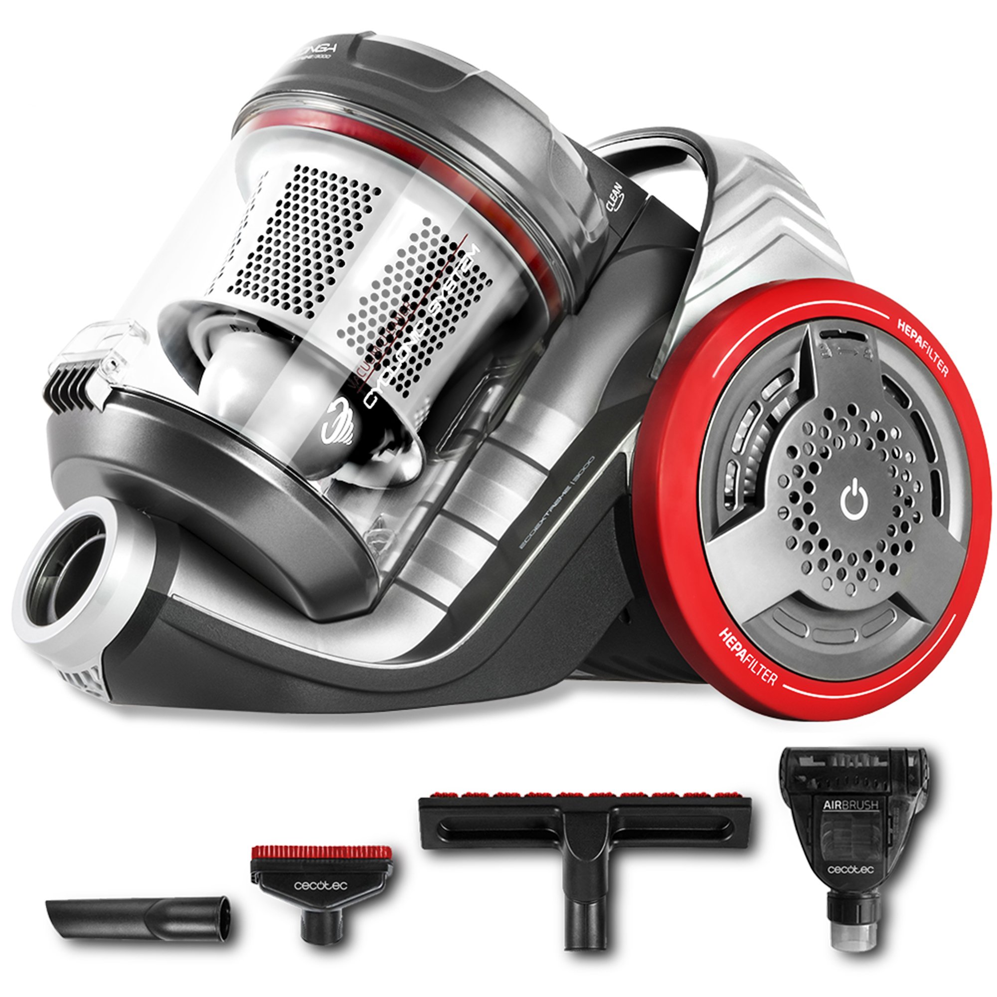 جارو برقی سورتمه ای سکوتک اسپانیا سیکلونی Cecotec Conga EcoExtreme 3000، 700 وات، لوازم جانبی حیوانات خانگی، کابل 9 متری، حالت اکو و توربو، بدون کیسه، فیلتر ذرات دوگانه EPA، سیم جمع‌شونده، کلاس انرژی AAA، نقره‌ای، مشکی، قرمز