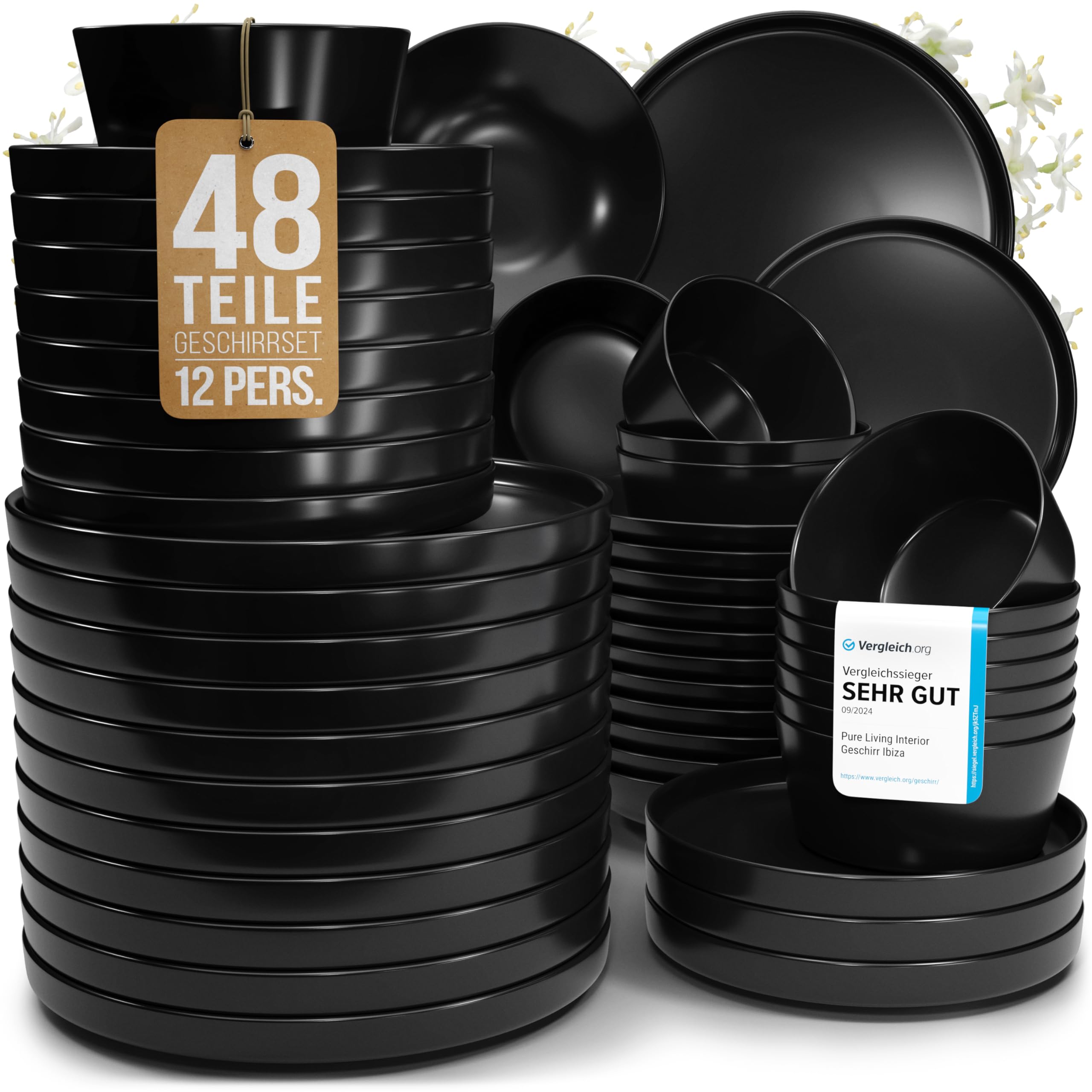 سرویس غذاخوری ۱۲ نفره گرانیتی منهتن، ۴۸ پارچه. برنده‌ی امتحان. سرویس غذاخوری، کاسه و بشقاب گرانیتی شهری جذاب، سرویس غذاخوری ۱۲ نفره. سرویس غذاخوری پیور لیوینگ به رنگ مشکی مات، ۱۲ نفره، ۴۸ پارچه.