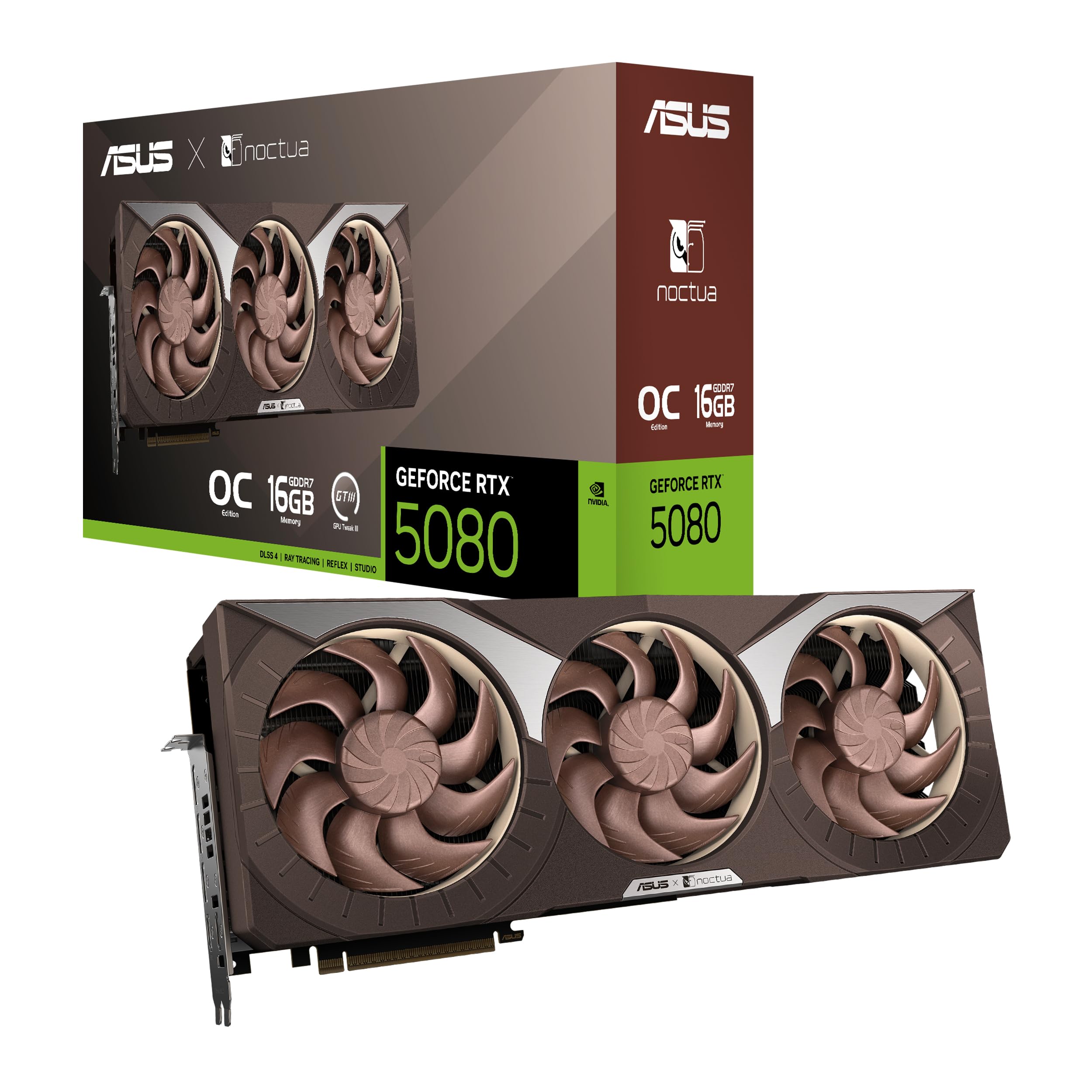کارت گرافیک گیمینگ ایسوس GeForce RTX 5080 16GB GDDR7 Noctua OC Edition (Nvidia RTX5080، NVIDIA Blackwell، DLSS 4، PCIe 5.0، 2X HDMI 2.1b، 3X DisplayPort 2.1b، RTX5080-O16G-NOCTUA)