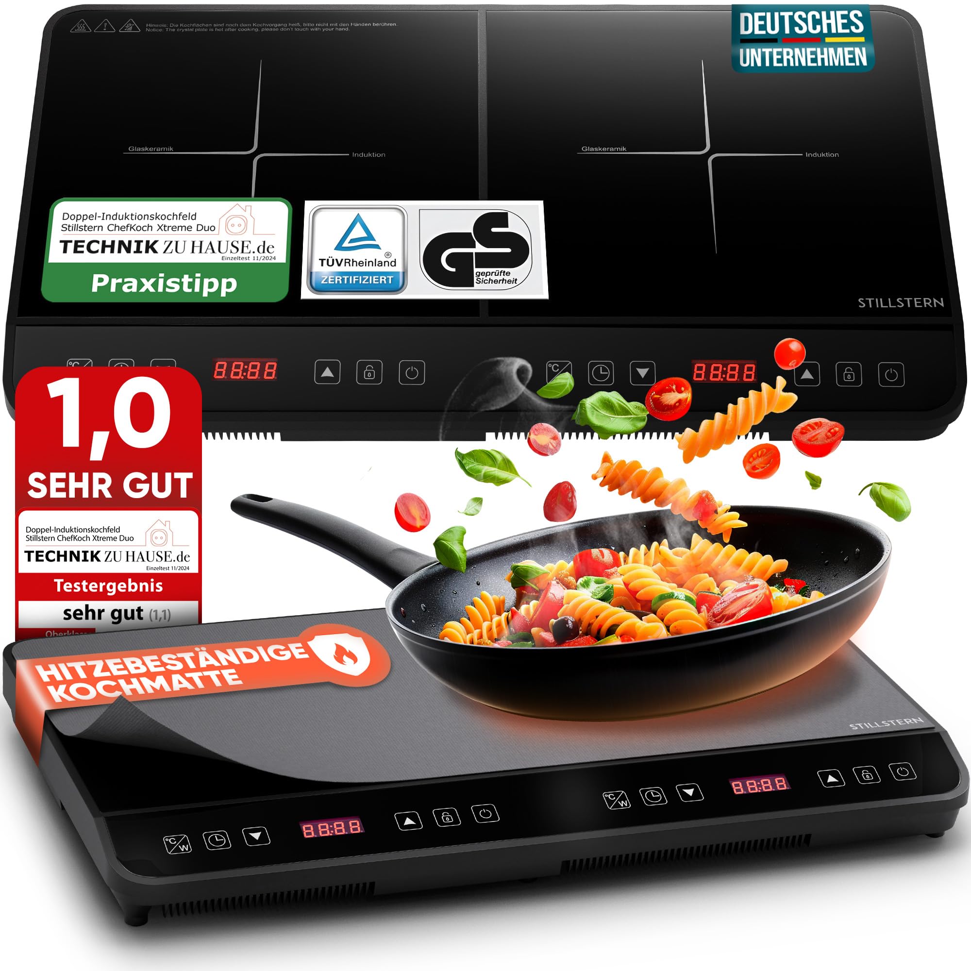 اجاق برقی 2 شعله اشتیل‌شتِرن آلمان  القایی دوبل استیلسترن | اجاق گاز القایی دوگانه [3600W] با عملکرد بی صدا و تقویت کننده توربو، 12 تا 28 سانتی متر، 18 سطح دما و قدرت، تایمر 24 ساعته، قفل کودک، لمسی