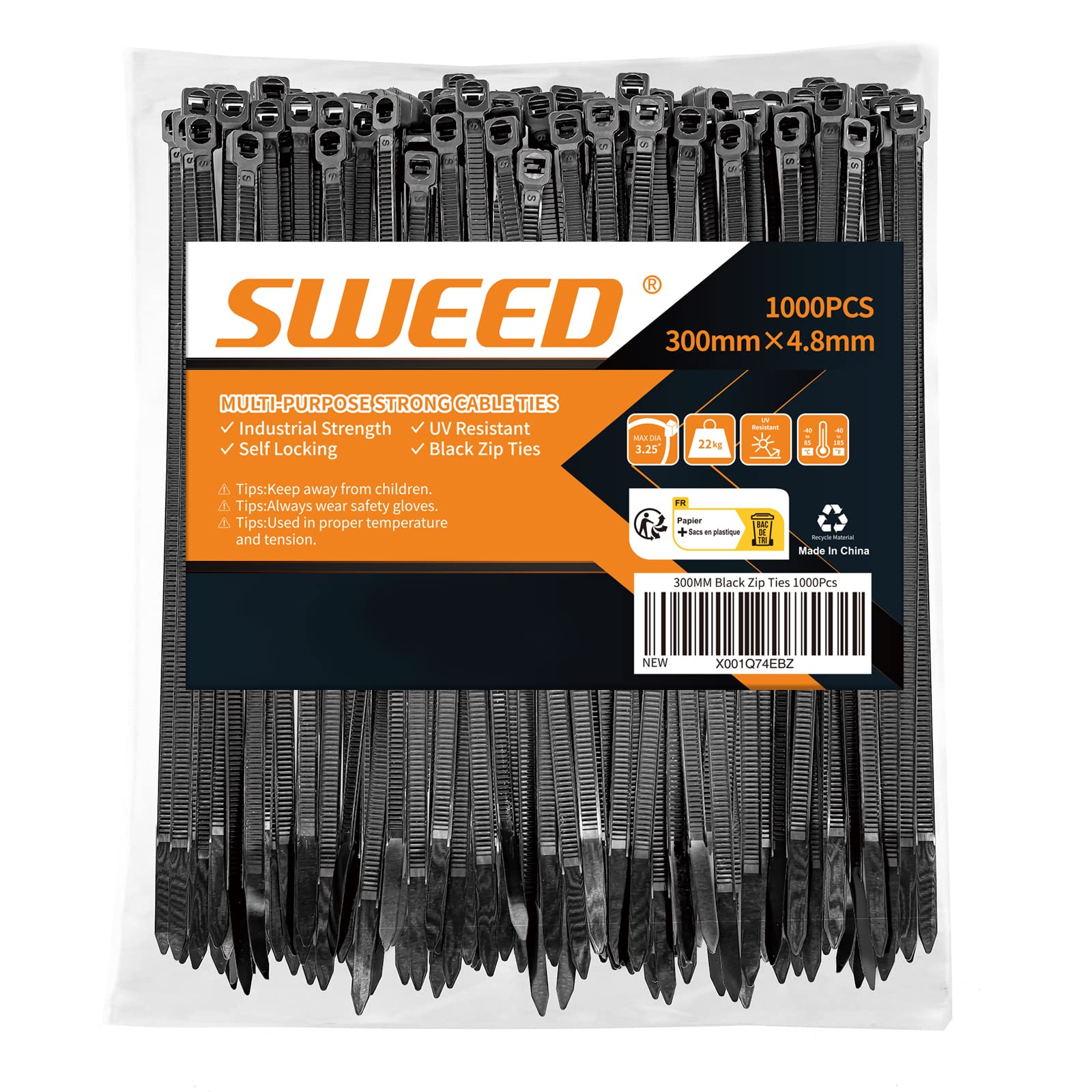 بست کابلی SWEED مشکی، 300 میلی‌متر، 1000 عدد بست کابلی مقاوم در برابر اشعه ماوراء بنفش، 4.8 میلی‌متر عرض، استحکام کششی تا 22 کیلوگرم، مناسب برای صنعت، باغبانی، صنعت کابل 12 اینچ (1000 عدد)