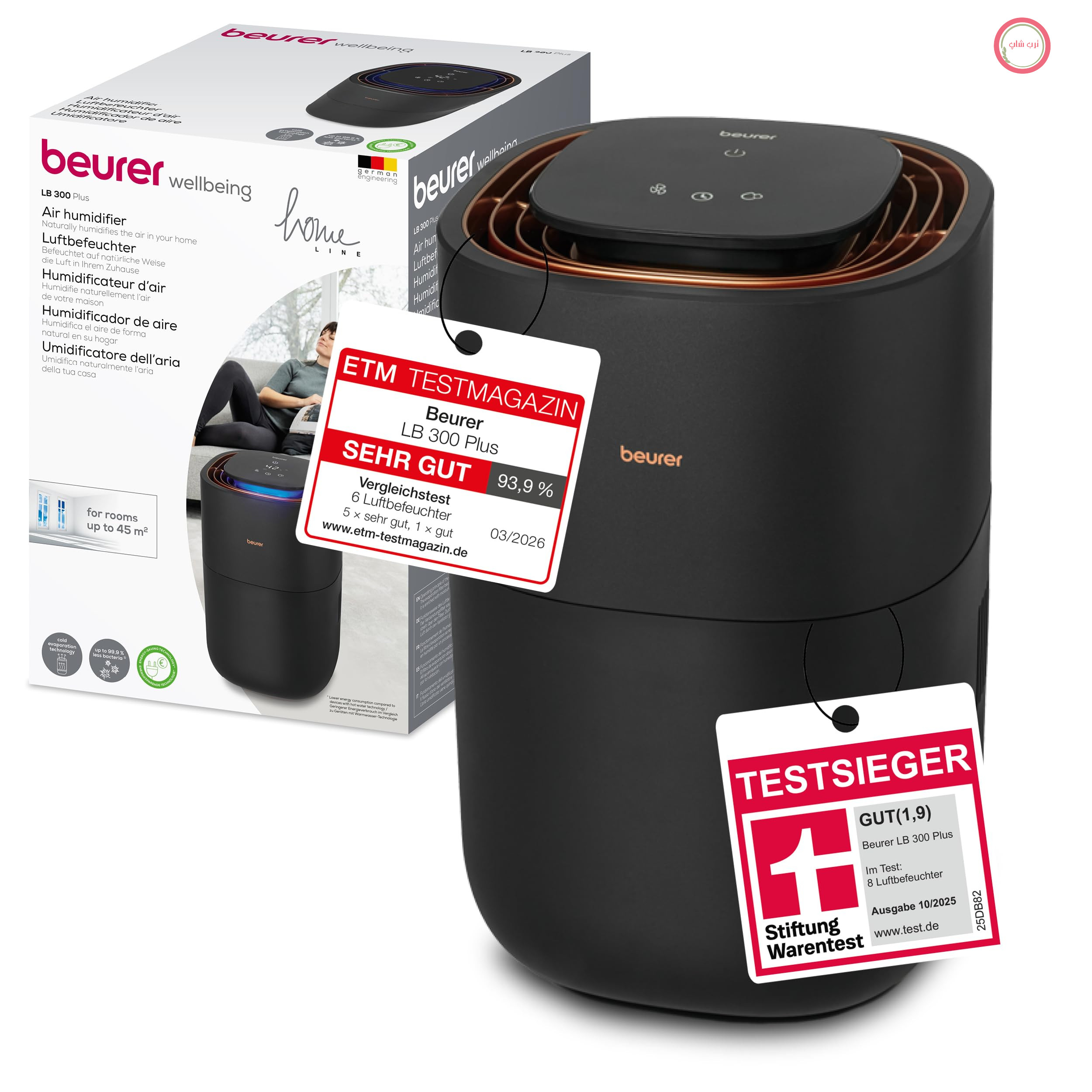 رطوبت‌ساز Beurer LB 300 Plus، برنده تست Stiftung Warentest، با فناوری تبخیر سرد کم‌مصرف، نشانگر رطوبت رنگی، عملکرد خشک‌کن فیلتری، برای اتاق‌هایی تا تقریباً ۴۵ متر مربع.