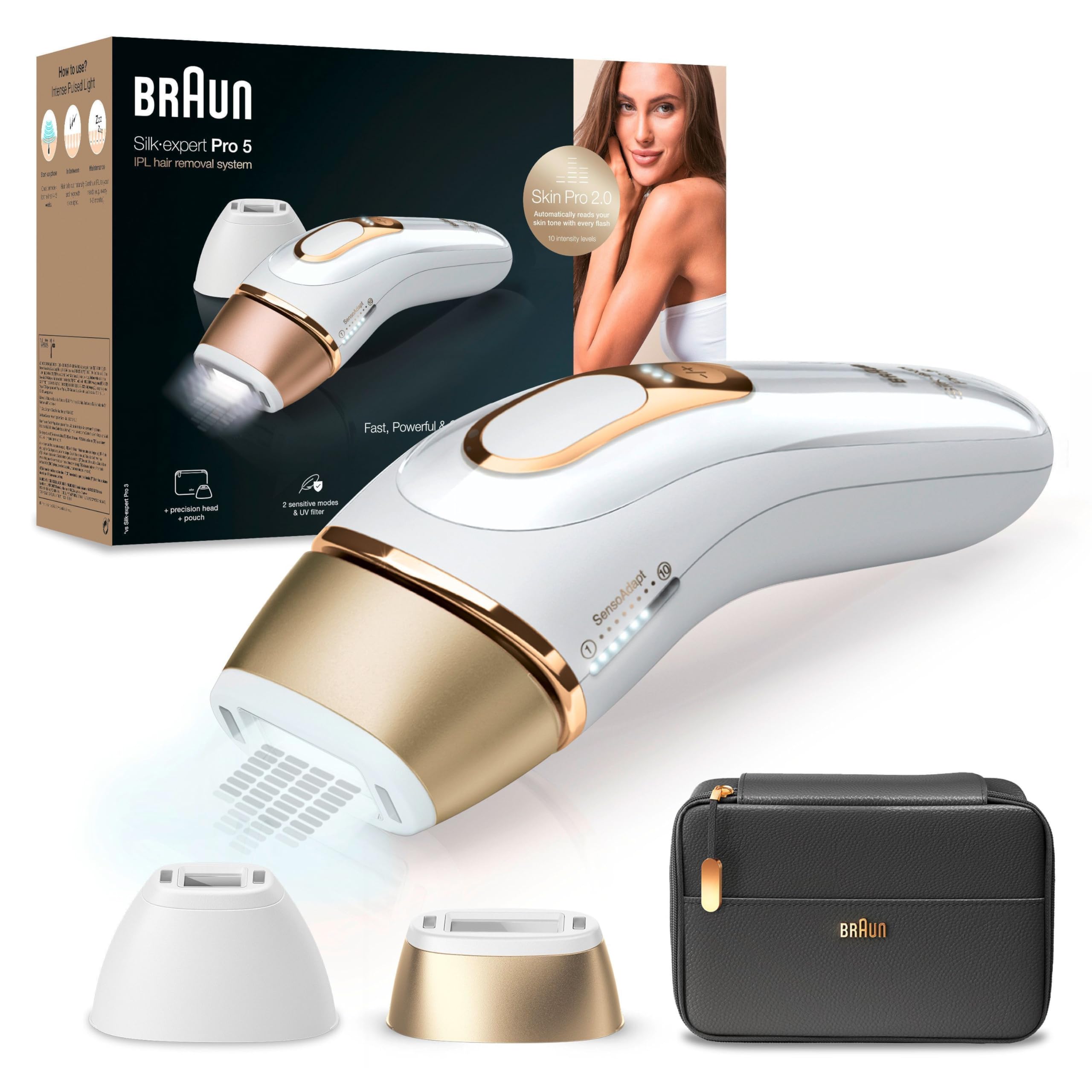 دستگاه رفع موهای زائد Braun IPL Silk Expert Pro 5 برای خانم‌ها/آقایان، ۲ سری، رفع موهای زائد قابل مشاهده، طراحی شده در آلمان، جایگزین لیزر موهای زائد، PL5140، سفید/طلایی