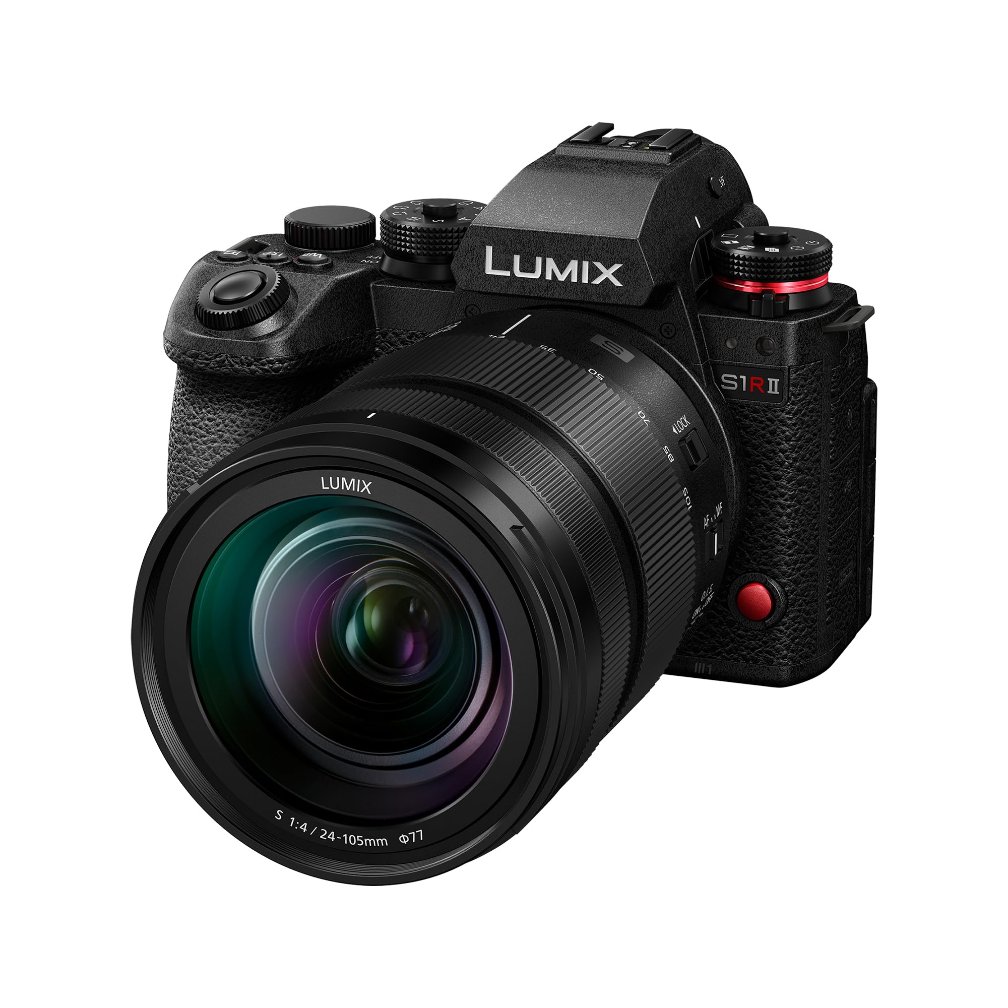 دوربین سیستم پاناسونیک LUMIX S1RII با کیت لنز 24-105 میلی‌متری F4، حسگر فول فریم 44.3 مگاپیکسلی، فیلمبرداری 8K، فوکوس خودکار هیبریدی فازی، لرزشگیر دوگانه، صدای 32 بیتی، منظره‌یاب OLED - مجموعه دوربین و لنز با لنز LUMIX 24-105 میلی‌متری F4