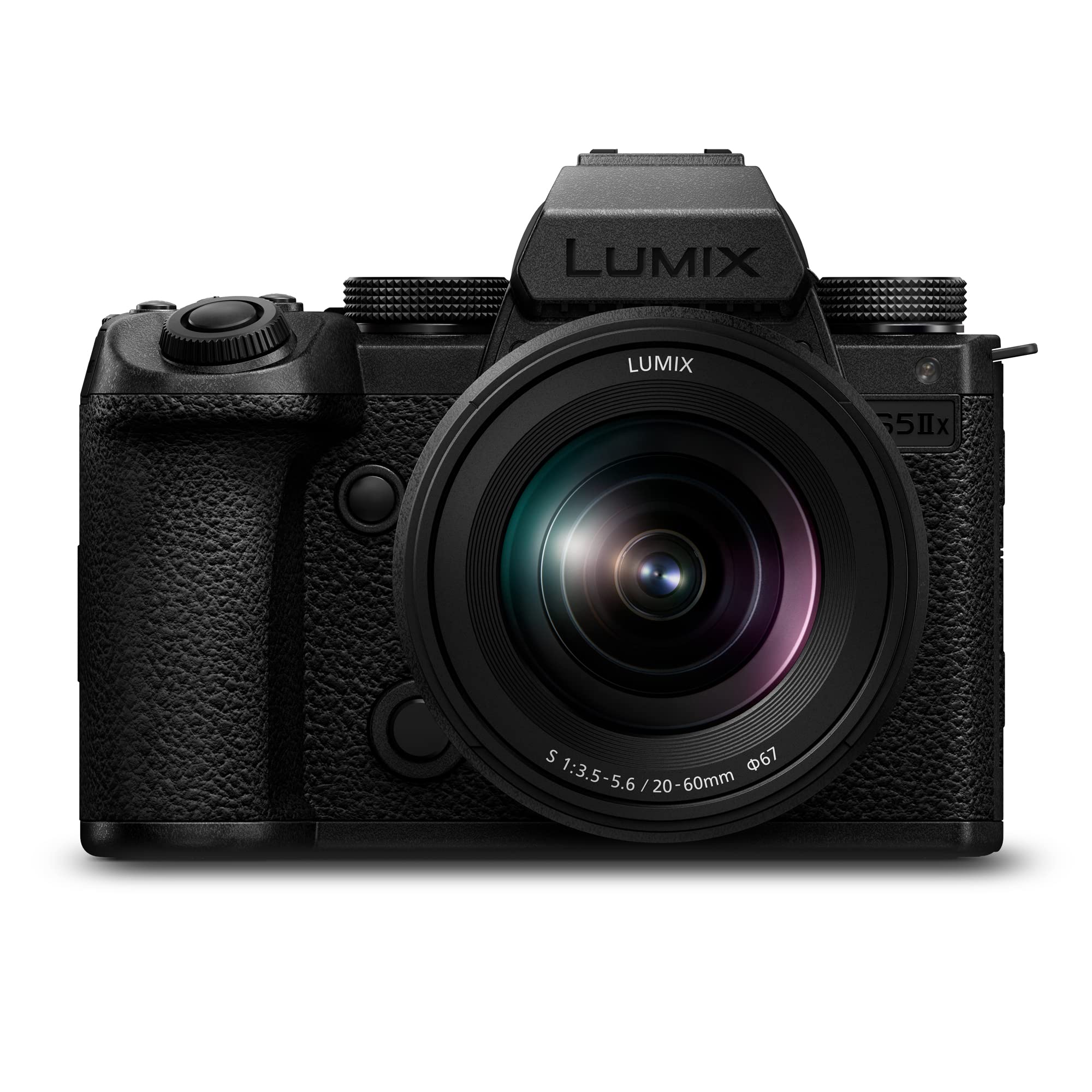 دوربین بدون آینه فول فریم پاناسونیک LUMIX DC-S5M2XKE با لنز LUMIX S-R2060 20-60mm F3.5-5.6، ضبط نامحدود 4K 60p و 6K 30p، صفحه نمایش تاشو، وای فای، فوکوس خودکار تشخیص فاز هیبریدی، باتری DMW-BLK22، مشکی با لنز LUMIX 20-60mm