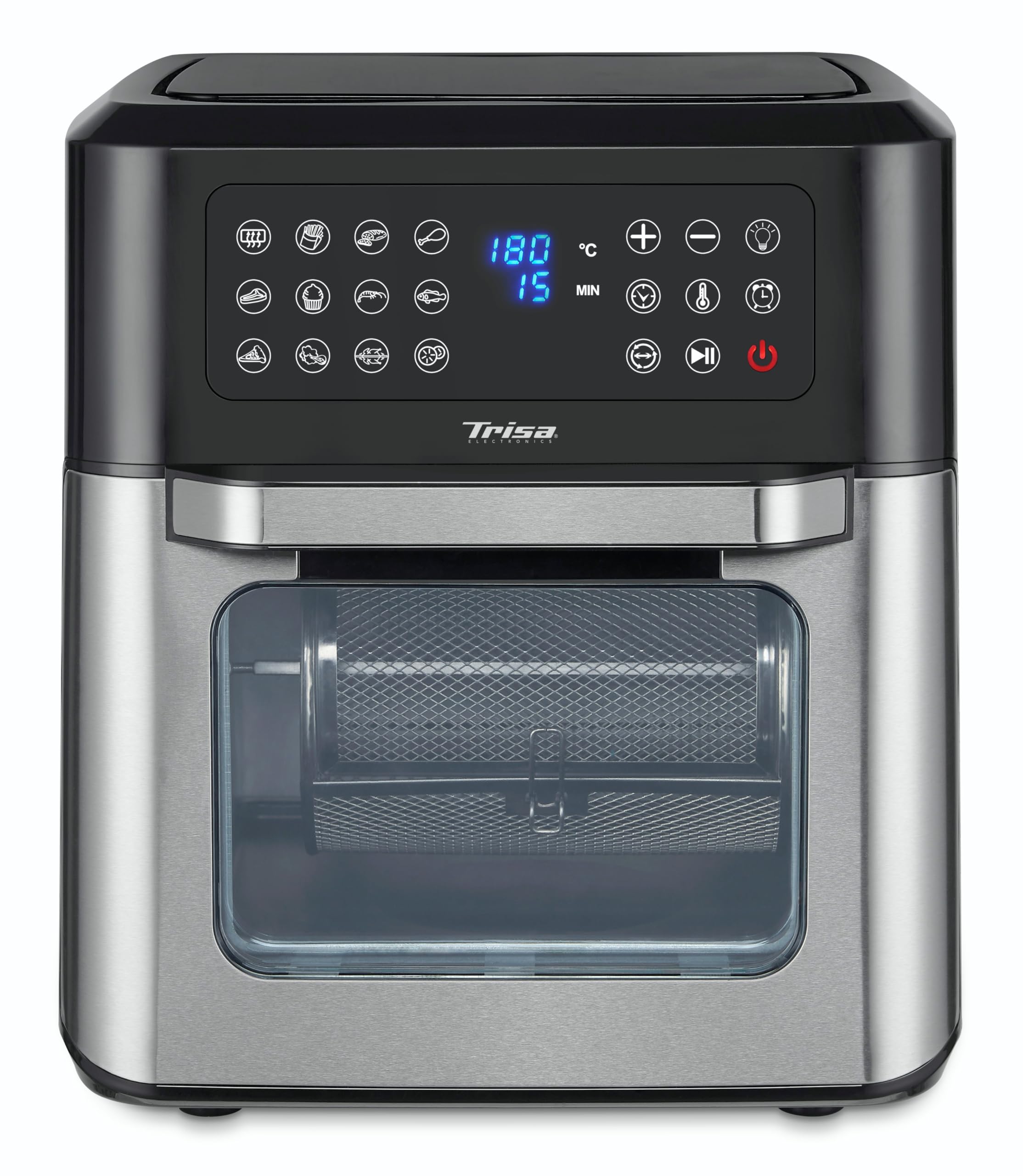 سرخ کن تریزا سوئیس مدل Crisp Master با ظرفیت ۱۲ لیتر، سبد سرخ کن چرخان، سرخ کن با جوجه گردان، کباب کردن، پختن، برشته کردن، آبگیری، گرم کردن مجدد، صفحه نمایش لمسی، دمای ۵۰-۲۰۰ درجه سانتیگراد، قابل شستشو در ماشین ظرفشویی