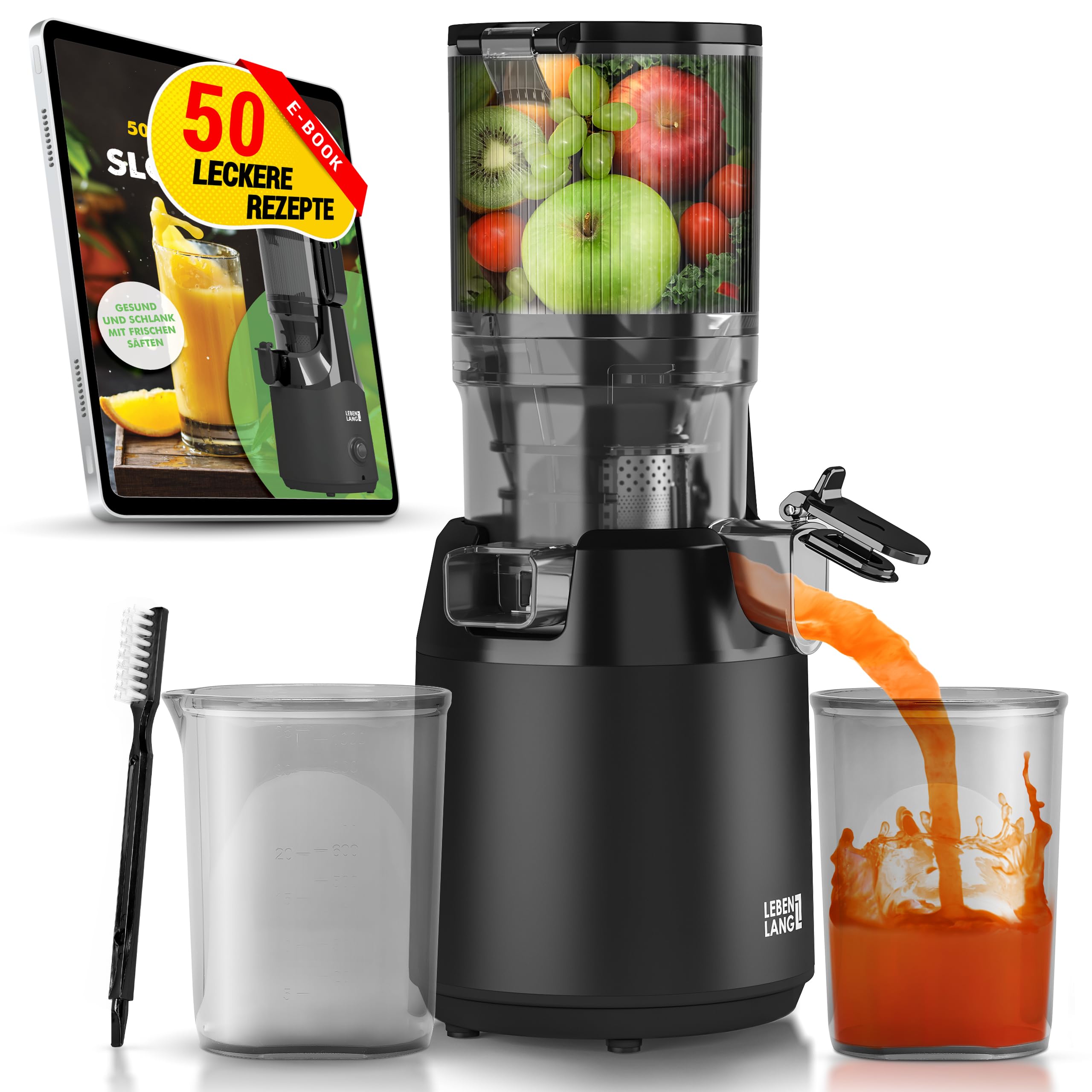 آبمیوه گیری لبن لانگ آلمان LIFETIME Slow Juicer - شامل. کتاب دستور غذا و دهانه بزرگ 130 میلی متری I ایده آل برای میوه ها و سبزیجات کامل 100% بدون BPA I بهترین دستگاه آبمیوه گیری آبمیوه گیری برقی پرس سبز جونده