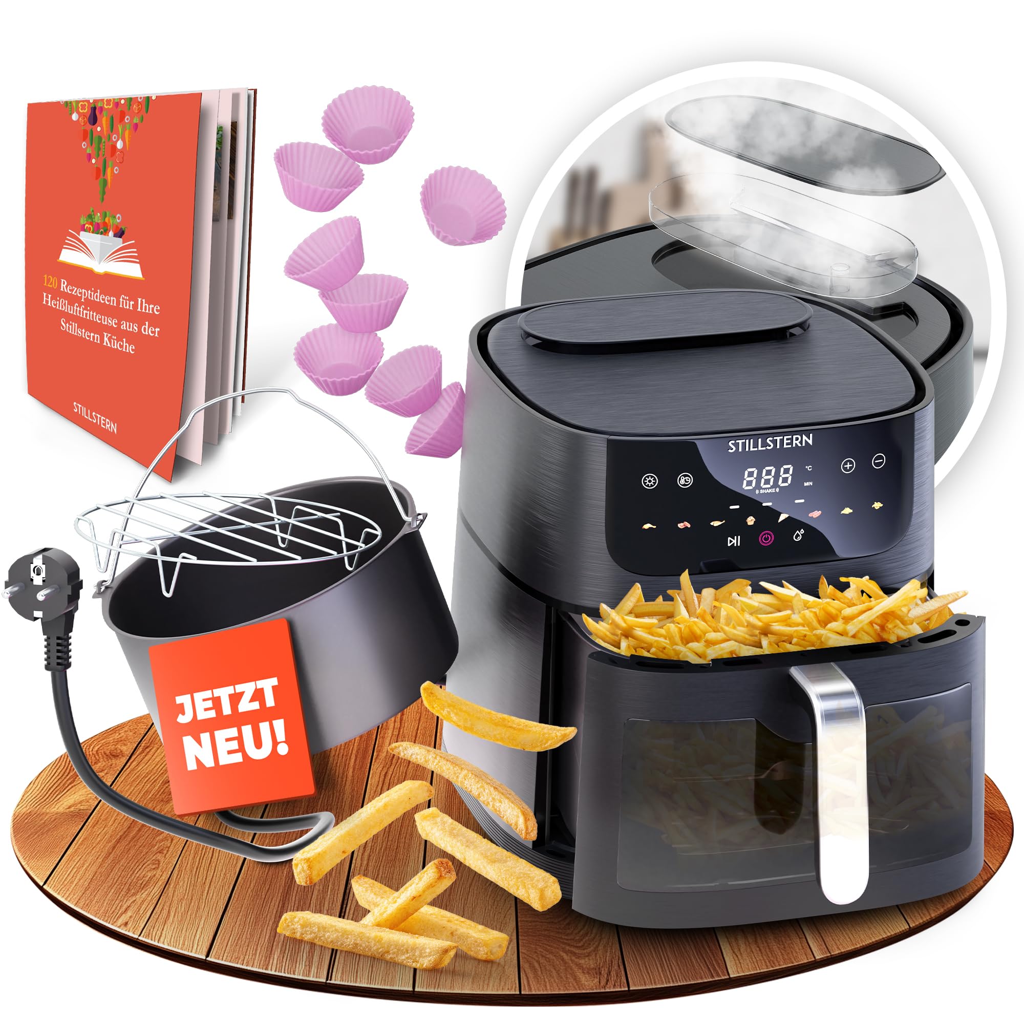 سرخ کن 8 لیتری اشتیل‌شتِرن آلمان Stillstern با عملکرد بخار و پنجره پخت، 1800 وات، 8 برنامه پخت، تایمر 120 دقیقه ای، فناوری TurboBoost، عملکرد لرزش، 120 دستور غذا [آلمانی]، سرخ کن هوا XXL، سرخ کن بدون روغن