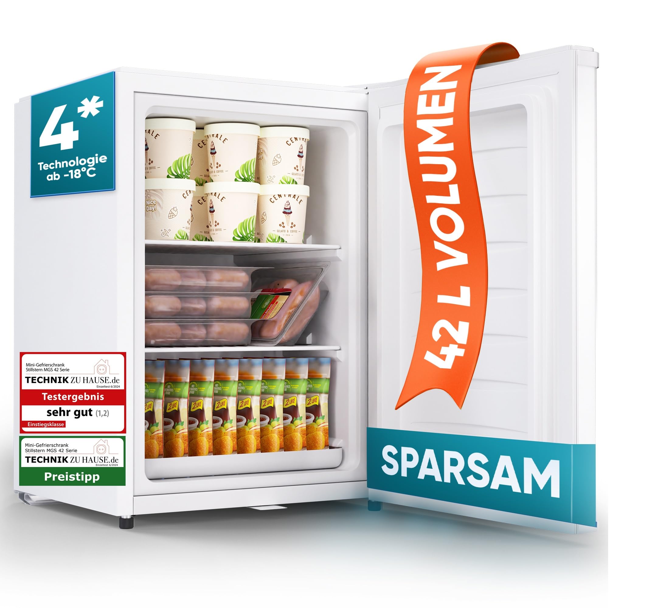 مینی فریزر اشتیل‌شتِرن آلمان Stillstern (42 لیتر) -18 درجه سانتیگراد، سینی یخ، قفل، درب برگشت پذیر، فریزر 4 ستاره برای کمپینگ / فریزر کوچک اداری