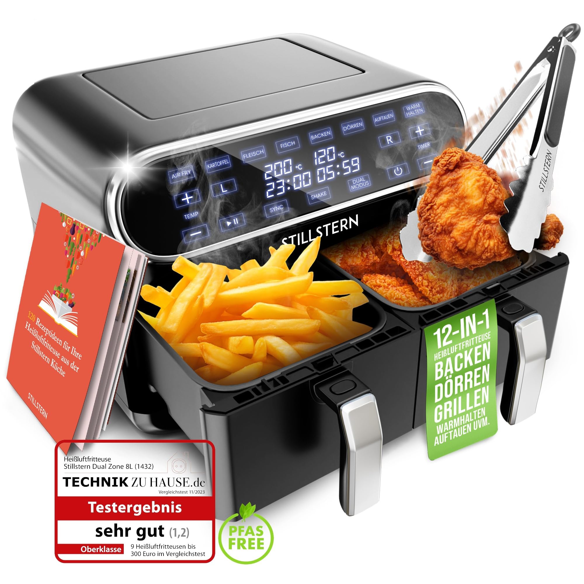 سرخ کن اشتیل‌شتِرن آلمان Stillstern Dual Zone Hot Air 8L [برای 1-8 نفر]، 2400 وات، جدید: فناوری گرمایش جریان، 55-200 درجه سانتی گراد، عملکرد لرزش، 120 دستور غذا [آلمانی]، 8 برنامه، خشک کردن، یخ زدایی و گرم نگه داشتن، سرخ کن با هوا