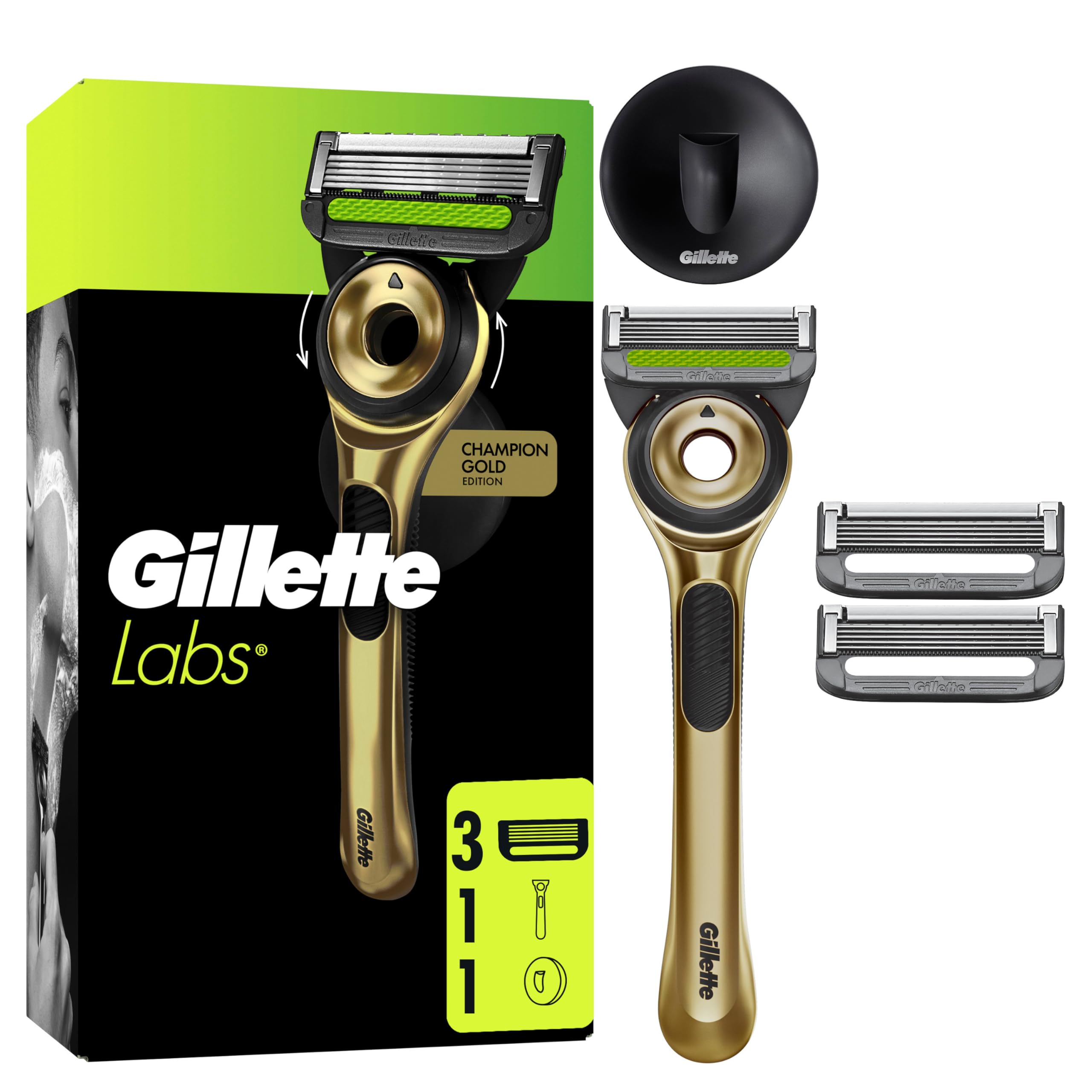 تیغ اصلاح مردانه ژیلت لبز مدل Champion Gold Edition با قابلیت تمیز کردن، ۱ دسته، ۳ تیغه جایگزین، با پایه دیواری برای نگهداری آسان. تیغ + ۳ تیغه، جدید