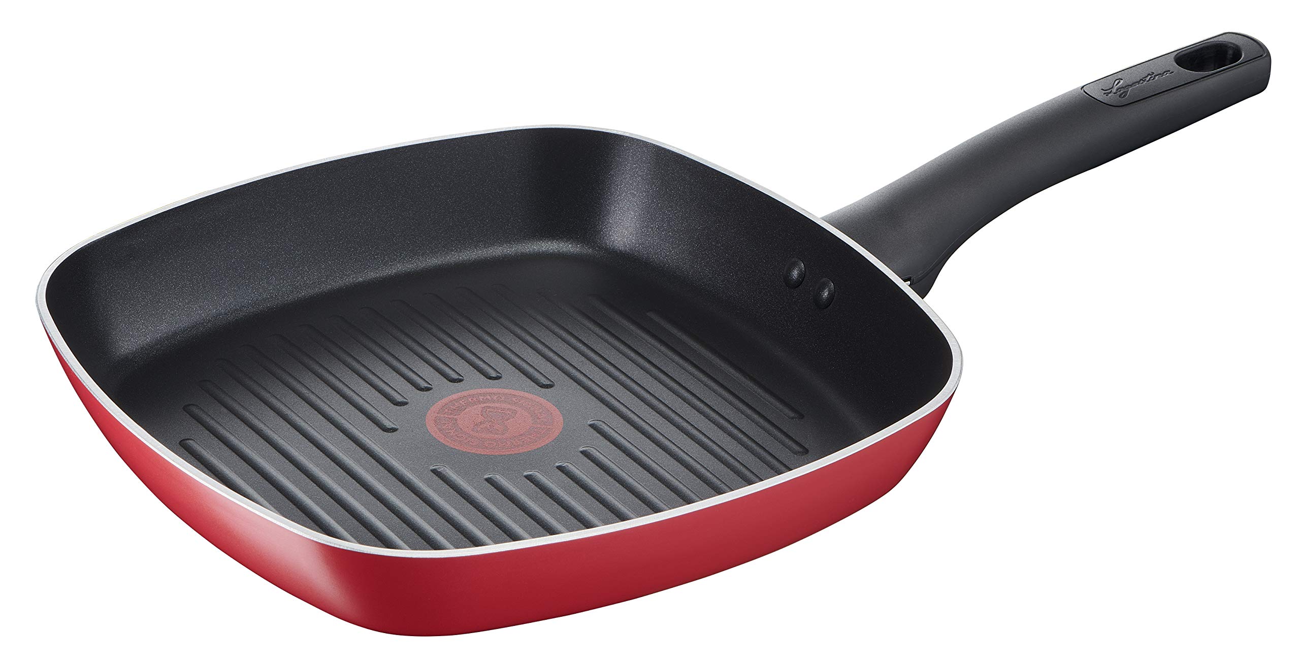 ماهیتابه گریل آلومینیومی نچسب لاگوستینا، ۲۶ × ۲۶ سانتی‌متر، مناسب برای اجاق‌های القایی، گازی و فر، دارای نشانگر پخت ترموسیگنال، روکش تیتانیومی Easy و دسته ارگونومیک باکالیت. گریل: ۲۶ سانتی‌متر