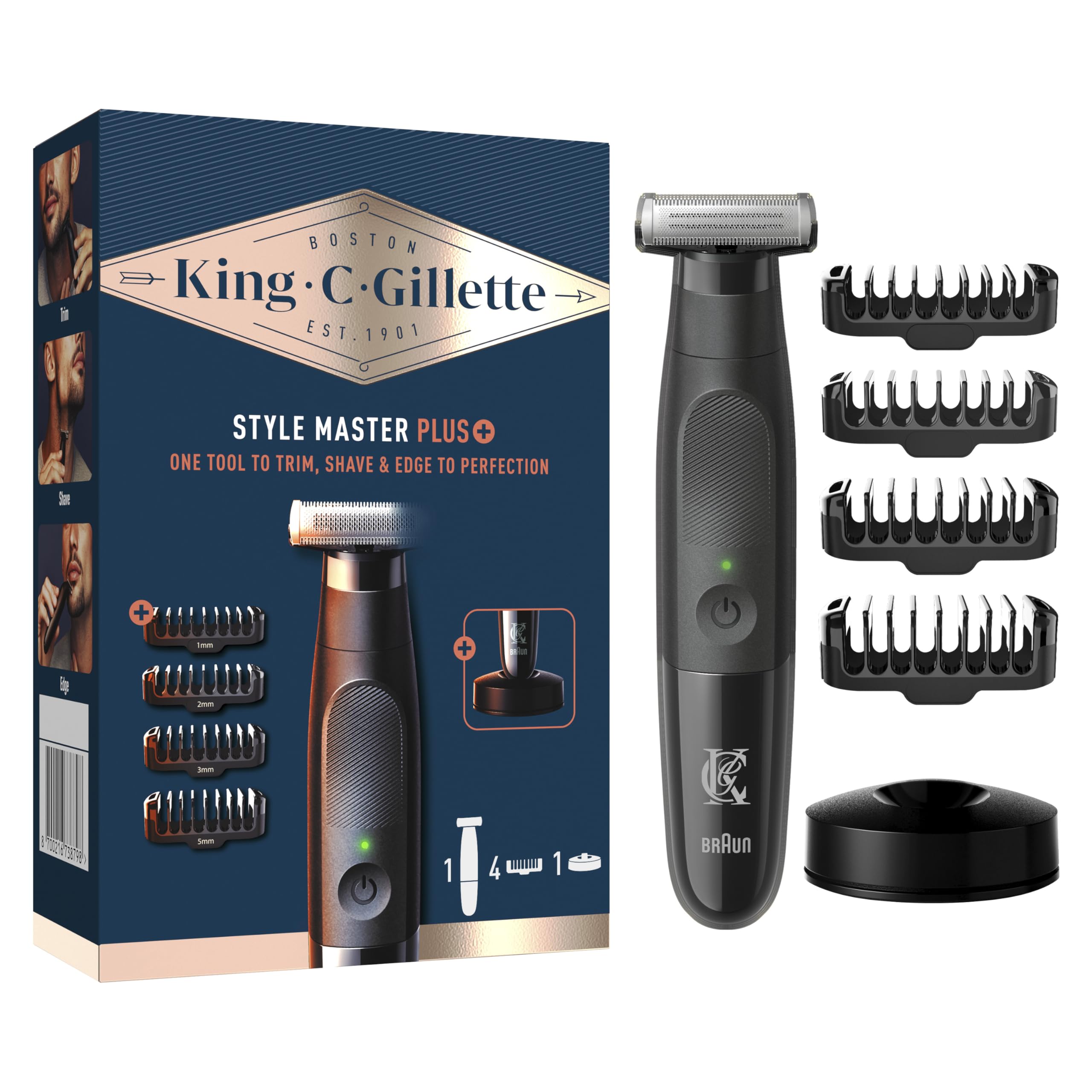 ماشین اصلاح ریش کینگ سی. ژیلت مدل استایل مستر مخصوص آقایان با فناوری CenterCut، اصلاح، شیو کردن و کوتاه کردن بهینه لبه‌ها، ضد آب، ماشین اصلاح ریش بی‌سیم با ۴ شانه و پایه شارژ، مدل استایل مستر پلاس