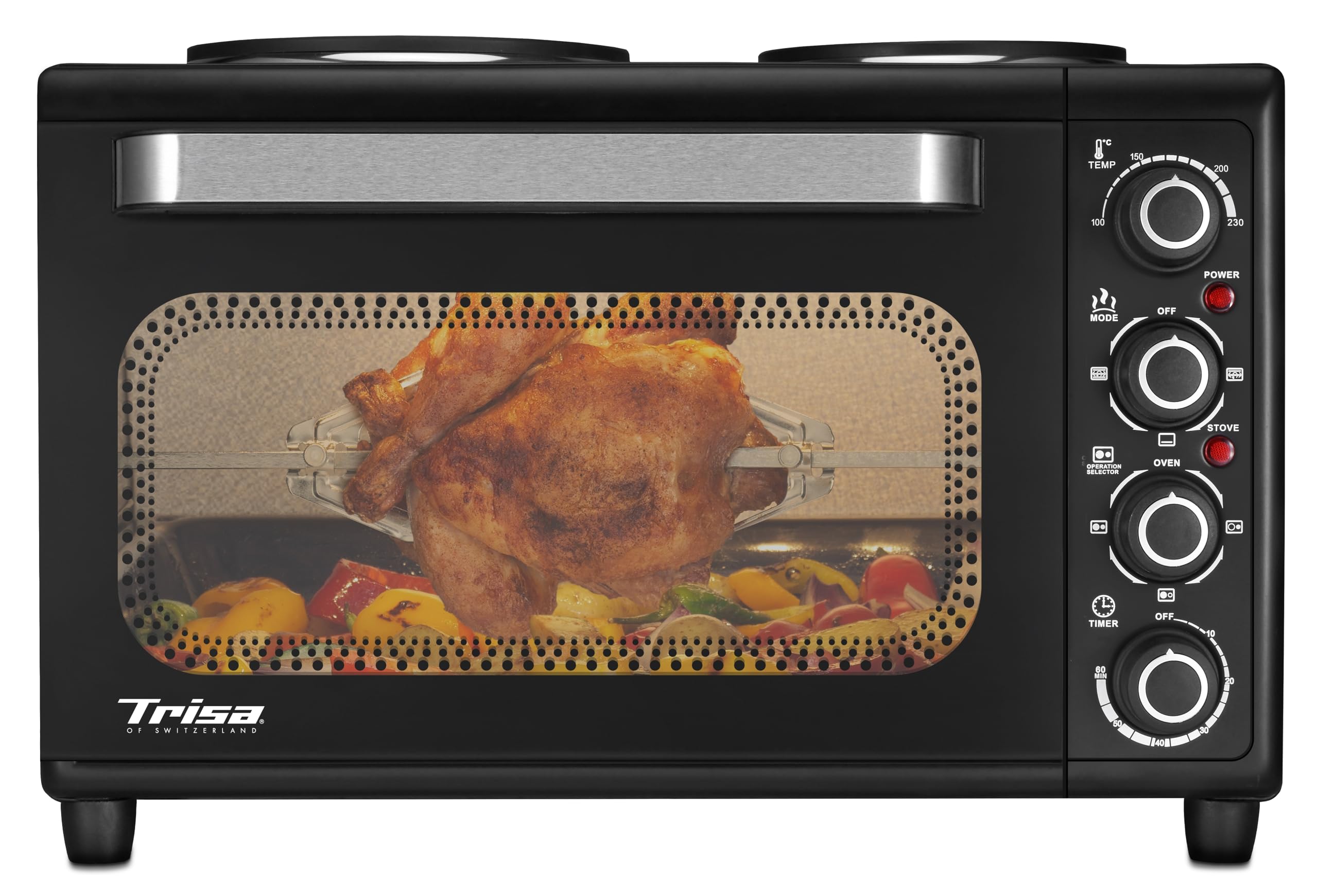 فر کوچک تریزا سوئیس 30 لیتری - مناسب برای پخت، کباب کردن و برشته کردن، کنترل دما 100-250 درجه سانتیگراد، تایمر 60 دقیقه‌ای، شامل سینی فر، توری، انبر و 2 صفحه داغ