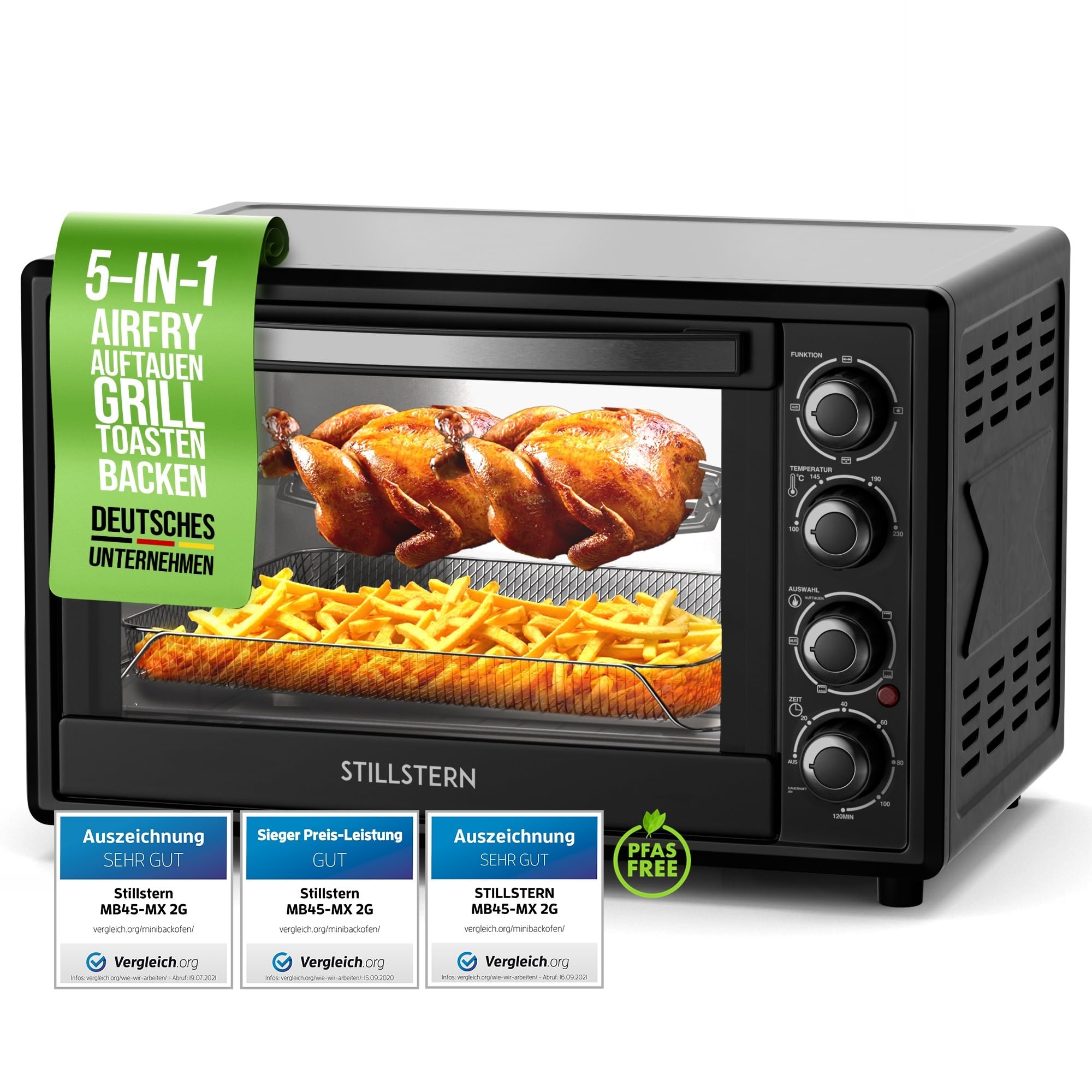 فر مینی اشتیل‌شتِرن آلمان با همرفت (45 لیتر) جدید: CYCLONE PRO+ (روکش نچسب)، نسخه DE، داخل سرخ کن هوا، کتابچه دستور غذا، جوجه گردان، مینی فر پیتزا گریل توستر 2000 واتی ایده آل برای کمپینگ