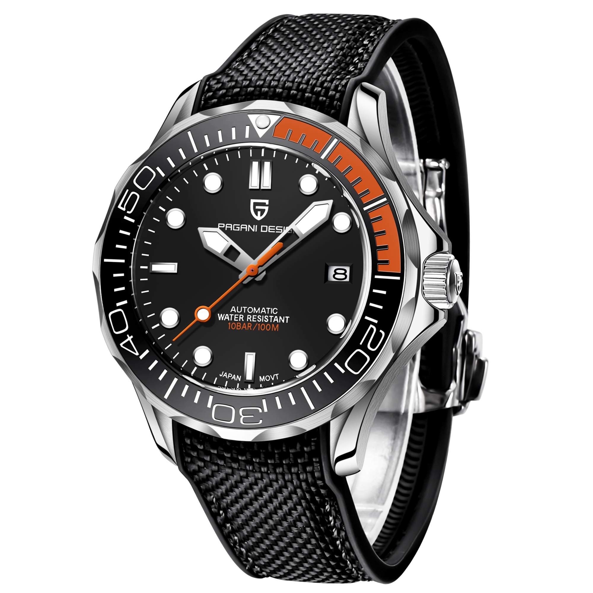 ساعت مچی مردانه اتوماتیک مدل Pagani Design 007، موتور NH35، چرخشی، قاب سرامیکی، استیل ضد زنگ، مقاوم در برابر آب، خودکوک، ساعت مچی نایلونی لاستیکی نارنجی