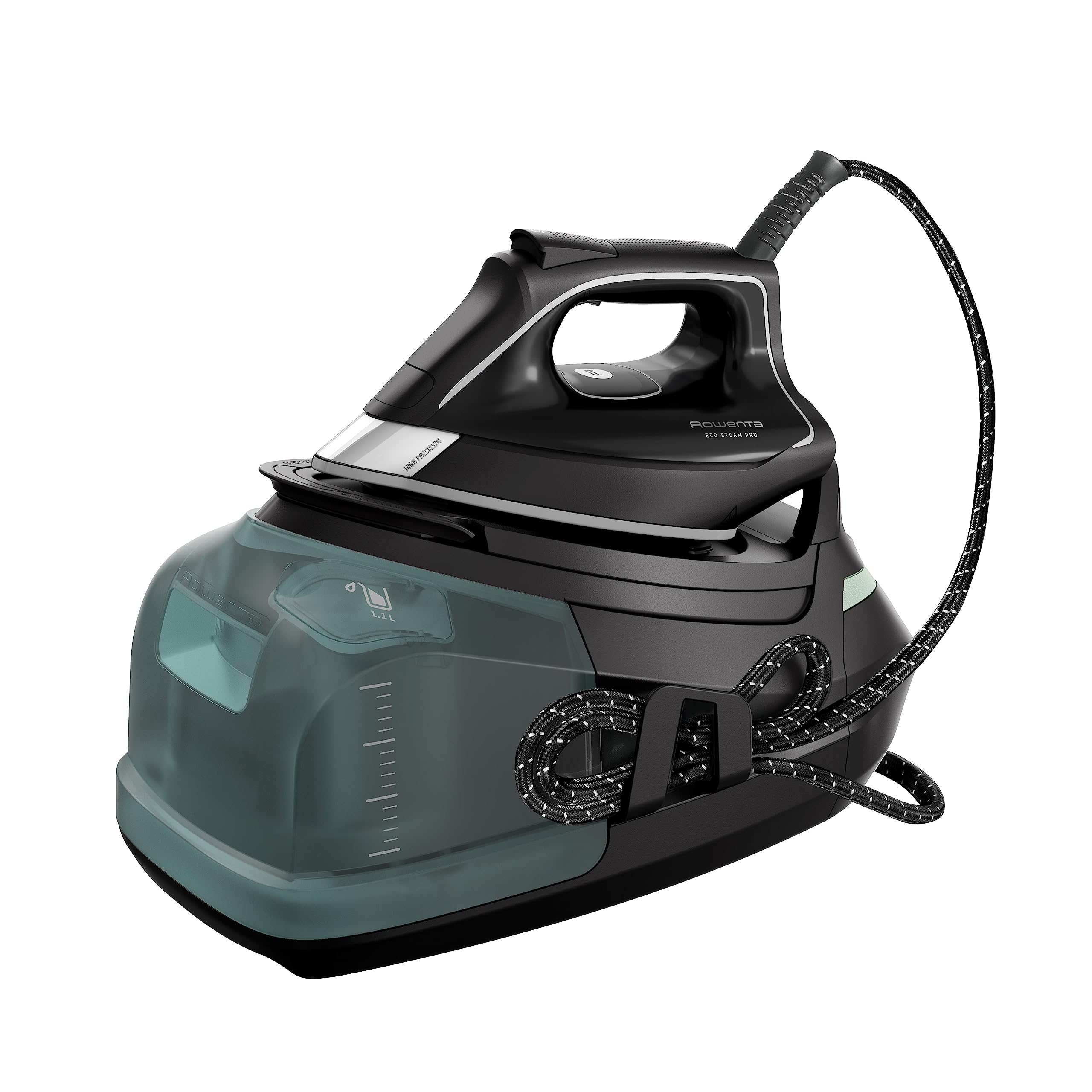 اتو بخار روونتا مدل DG9610 Eco Steam Pro، 2800 وات، 7.6 بار، خروجی بخار 140 گرم در دقیقه، افزایش بخار: 460 گرم در دقیقه، طراحی اقتصادی، فناوری بی‌صدا، ظرفیت 1.1 لیتر، مشکی/اکالیپتوس مشکی/اکالیپتوس DG9610