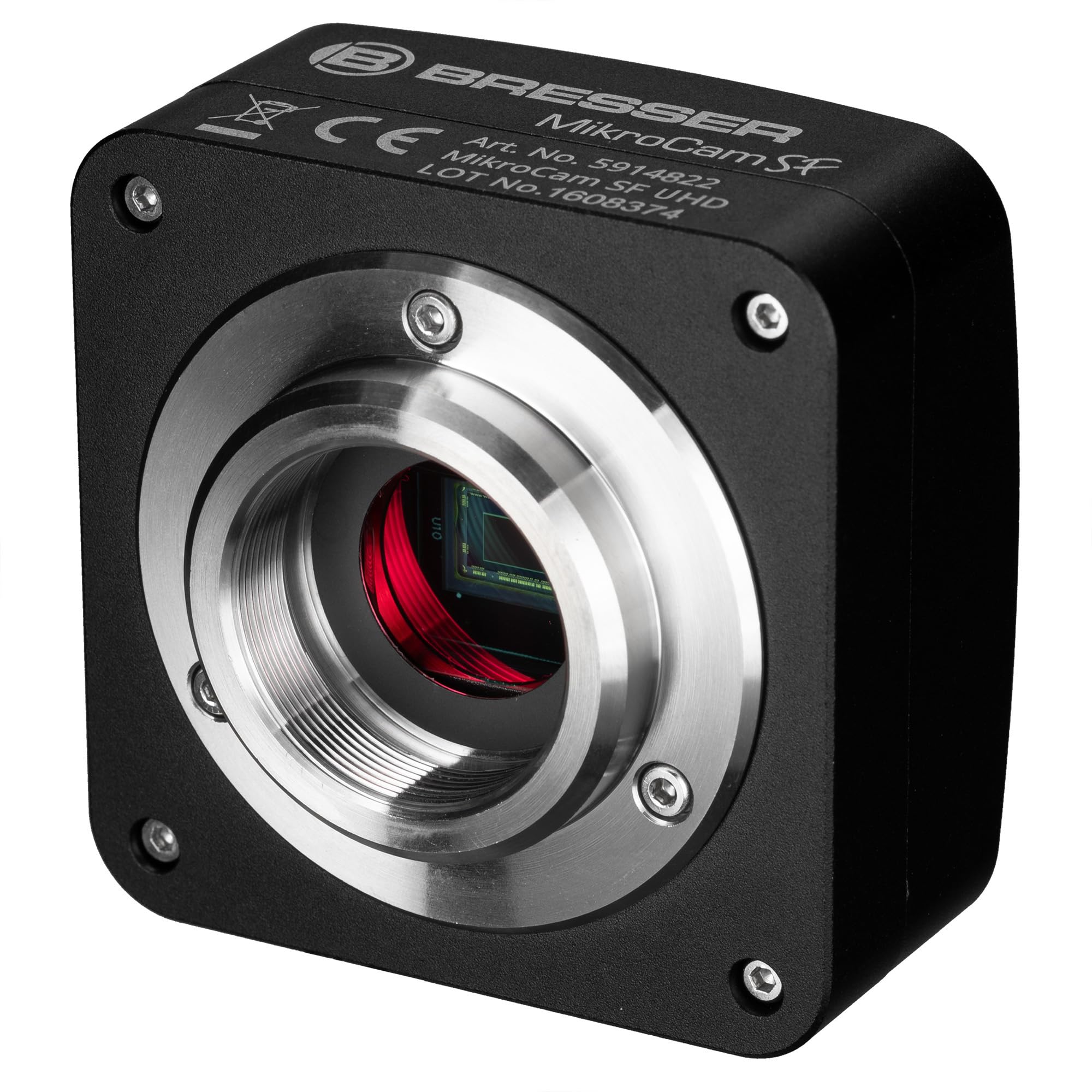 دوربین میکروسکوپ Bresser MikroCam SF UHD با وضوح تصویر 3840x2160 پیکسل و حسگر 1/2.5 اینچ با پایه C، قابلیت فوکوس استکینگ، اندازه‌گیری شامل آداپتور و نرم‌افزار