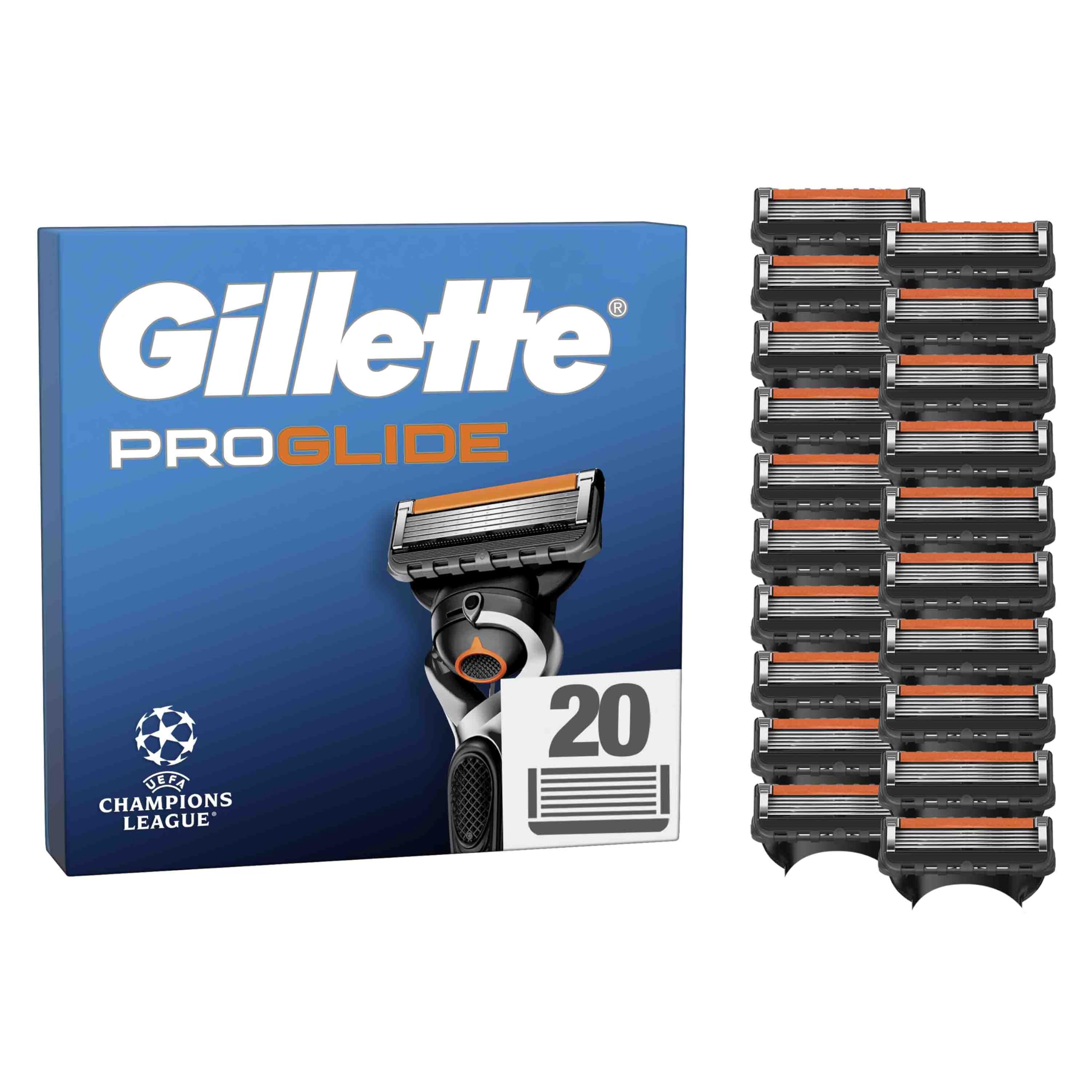 تیغ‌های ژیلت پروگلاید، ۲۰ تیغه جایگزین اصلی، تیغه‌ها برای آقایان - ۲ عدد نوار روان‌کننده قبل و بعد از تیغه‌ها و نوارهای روان‌کننده اورگلاید برای نزدیکی و راحتی باورنکردنی، ۲۰ تیغه