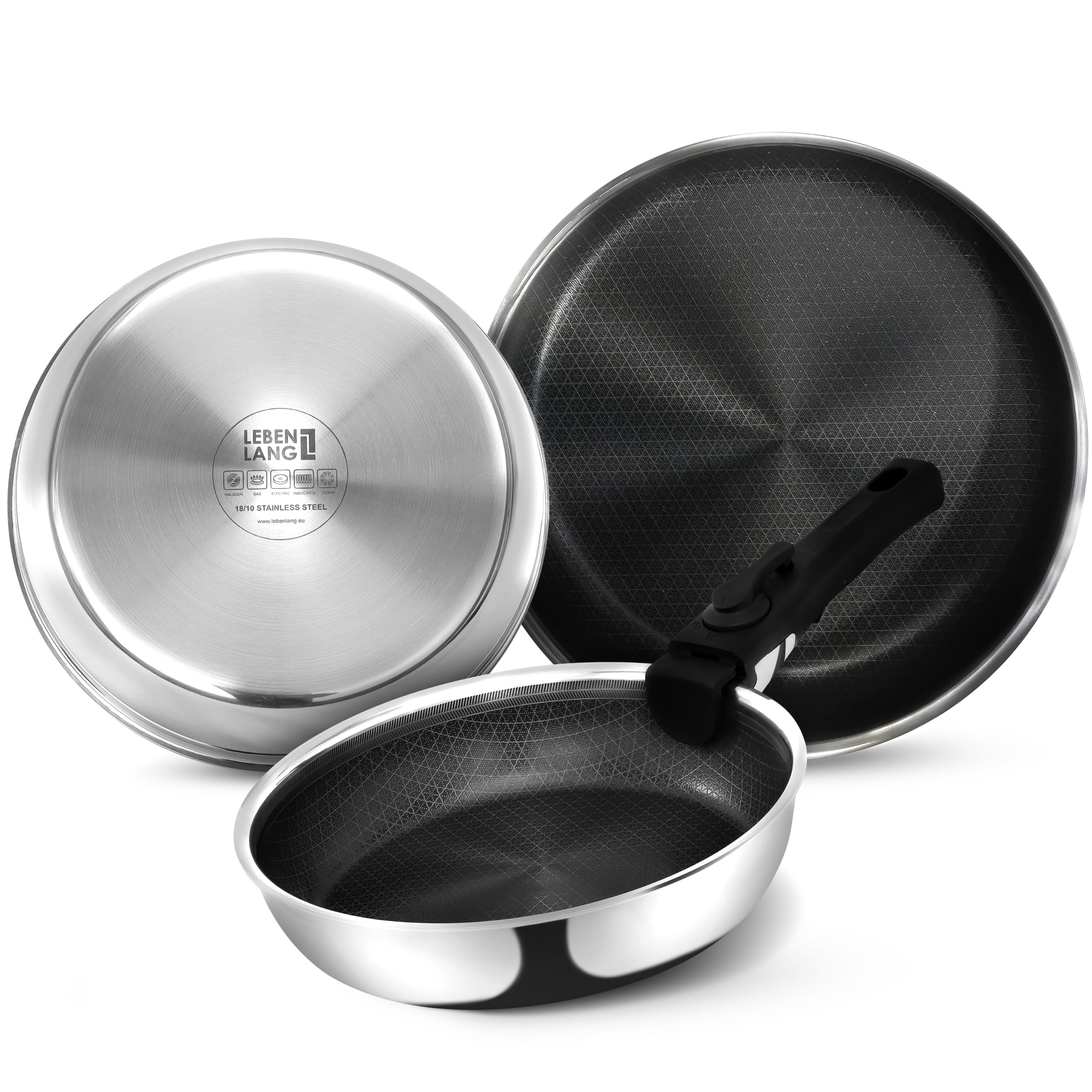 ست ماهیتابه لبن لانگ آلمان با دسته قابل جابجایی - 4 تکه در ساختار لانه زنبوری 22/24/28 سانتی متری ماهیتابه نچسب تابه اجاق گاز با دسته قابل جابجایی ست ماهی تابه لانه زنبوری و ماهی تابه جهانی