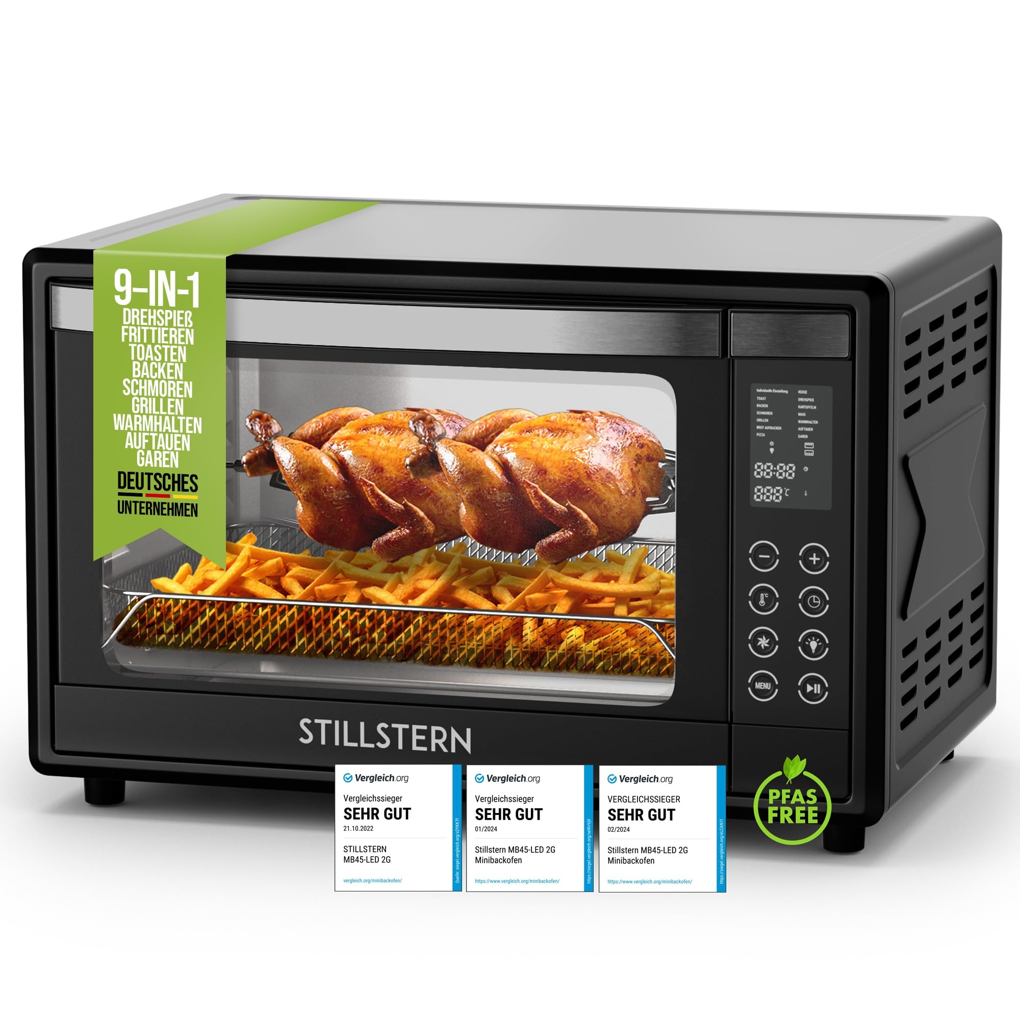 فر مینی اشتیل‌شتِرن آلمان با کانوکشن (45 لیتر) نسخه DE، پیتزا Ø32 سانتی متر، جدید: CYCLONE PRO+ (روکش نچسب)، 13 برنامه، یخ زدایی و گرم نگه داشتن، تایمر 8 ساعت، کتابچه دستور پخت، گریل فر پیتزا در فر کوچک