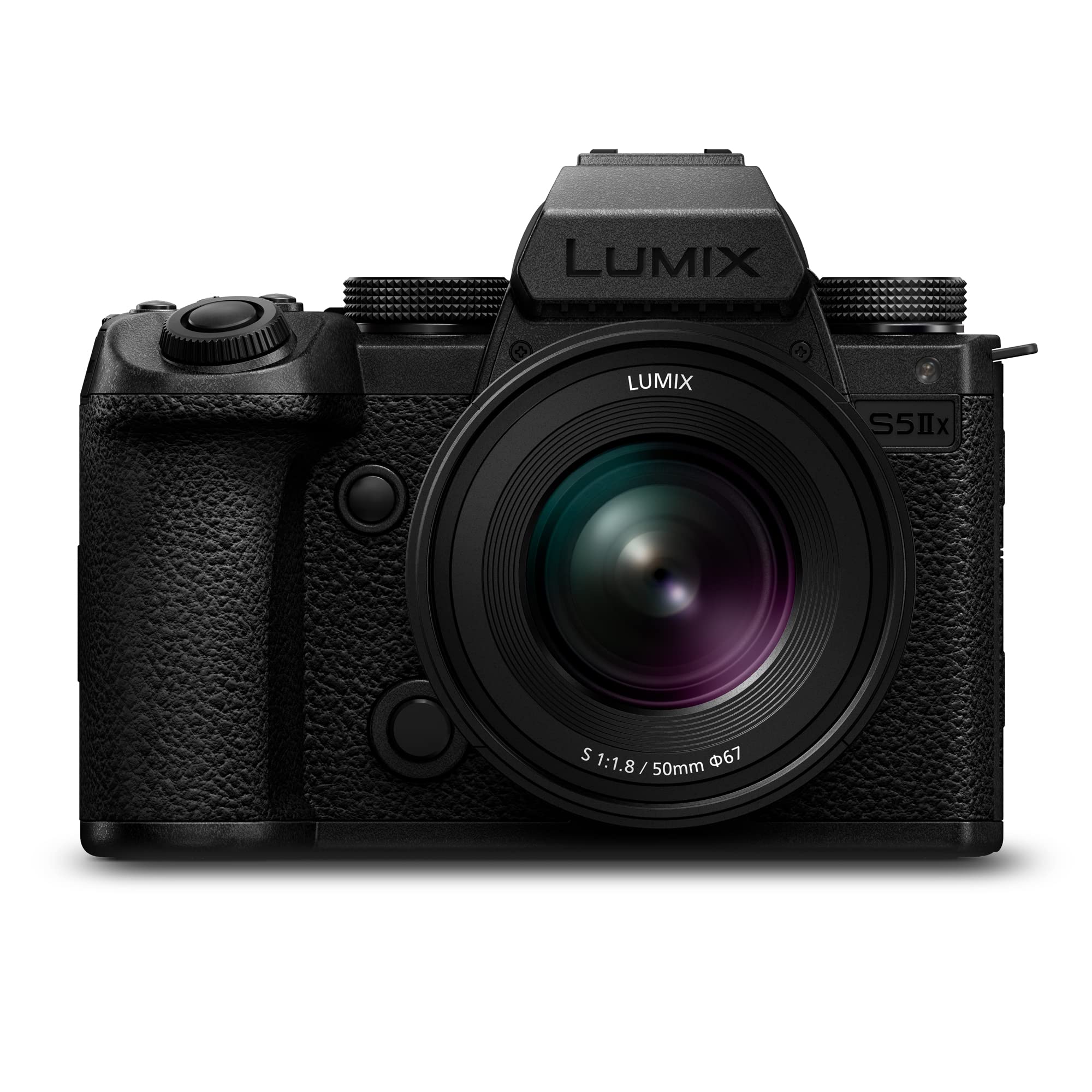 دوربین بدون آینه فول فریم پاناسونیک LUMIX DC-S5M2XCE با لنز S 50mm F1.8، فیلمبرداری 4K با سرعت 60 فریم بر ثانیه و 6K با سرعت 30 فریم بر ثانیه با قابلیت ضبط نامحدود، صفحه نمایش چرخان، وای فای، فوکوس خودکار هیبریدی تشخیص فاز، سیستم لرزشگیر فعال، باتری DMW-BLK22، مشکی با لنز LUMIX 50mm