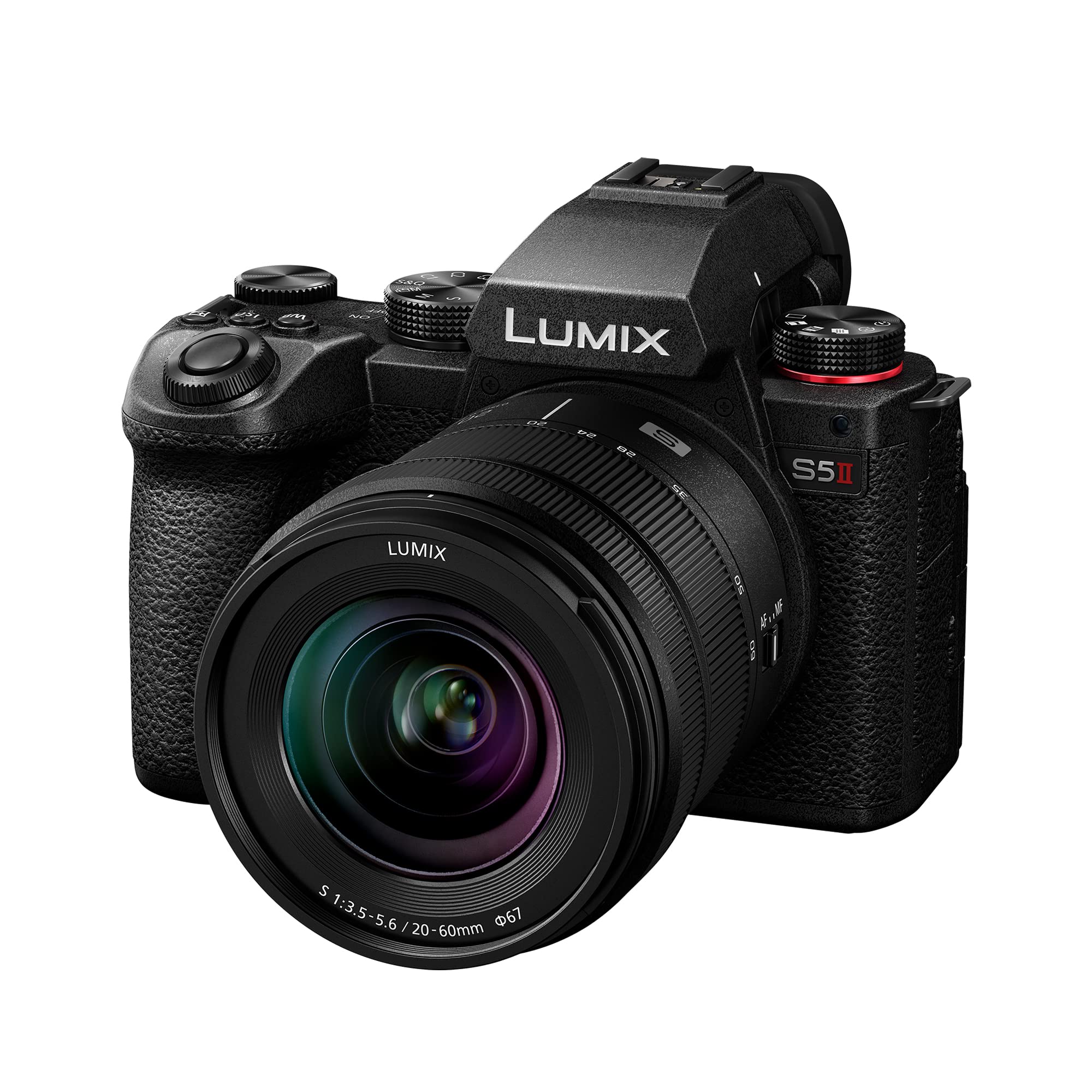 دوربین فول فریم بدون آینه پاناسونیک LUMIX DC-S5 II با لنز 20-60 میلی‌متری F3.5-5.6، فیلمبرداری 4K با سرعت 60 فریم بر ثانیه و 6K با سرعت 30 فریم بر ثانیه، صفحه نمایش تاشو، وای‌فای، فوکوس خودکار فاز هیبریدی، لرزشگیر اپتیکال فعال، مشکی با لنز 20-60 میلی‌متری LUMIX