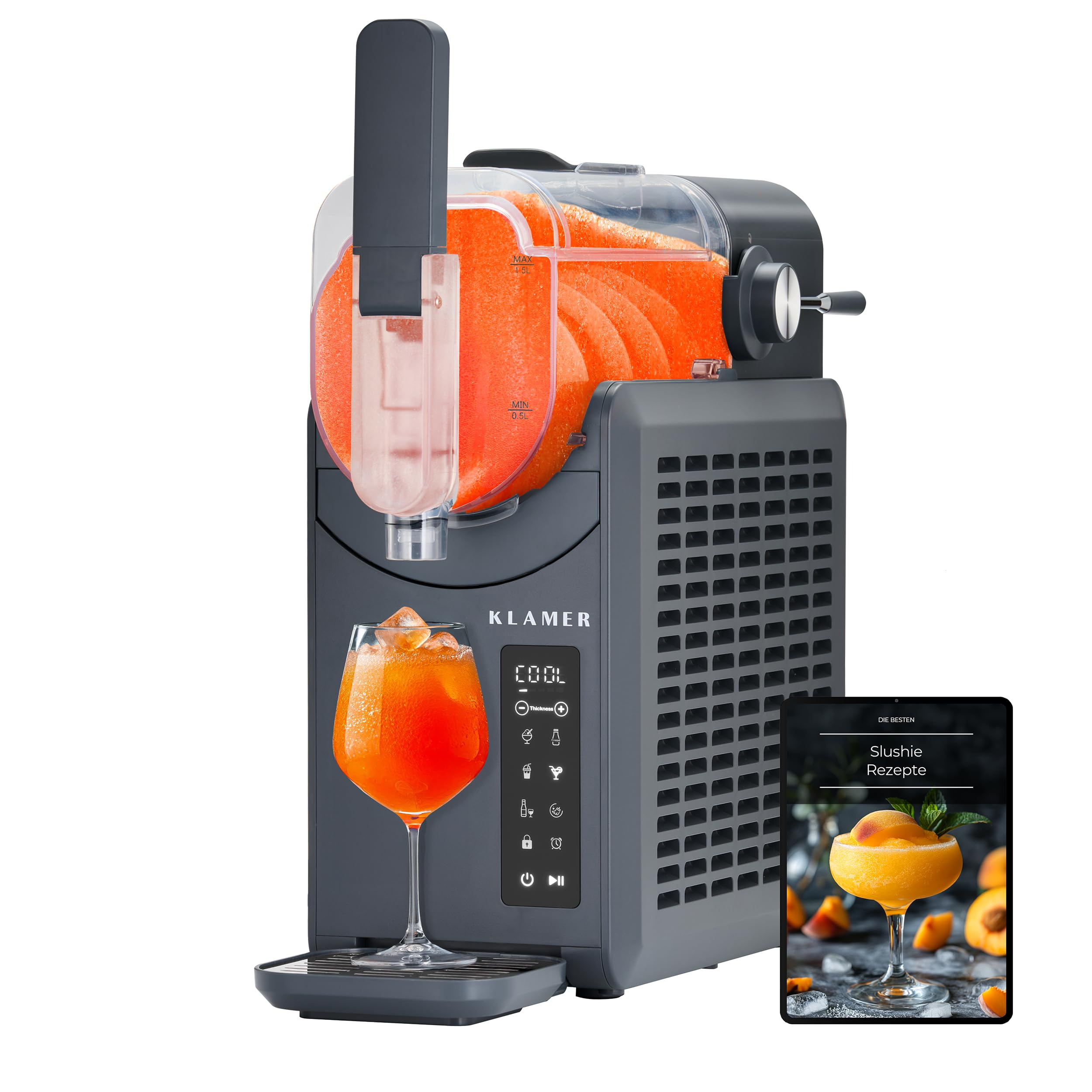 دستگاه یخ در بهشت ساز کلامر آلمان KLAMER Slush Maschine، با 5 برنامه از پیش تعیین شده کوکتل، میلک شیک، فراپه، تمیز کردن خودکار، ظرفیت 2 لیتر، بدون نیاز به یخ