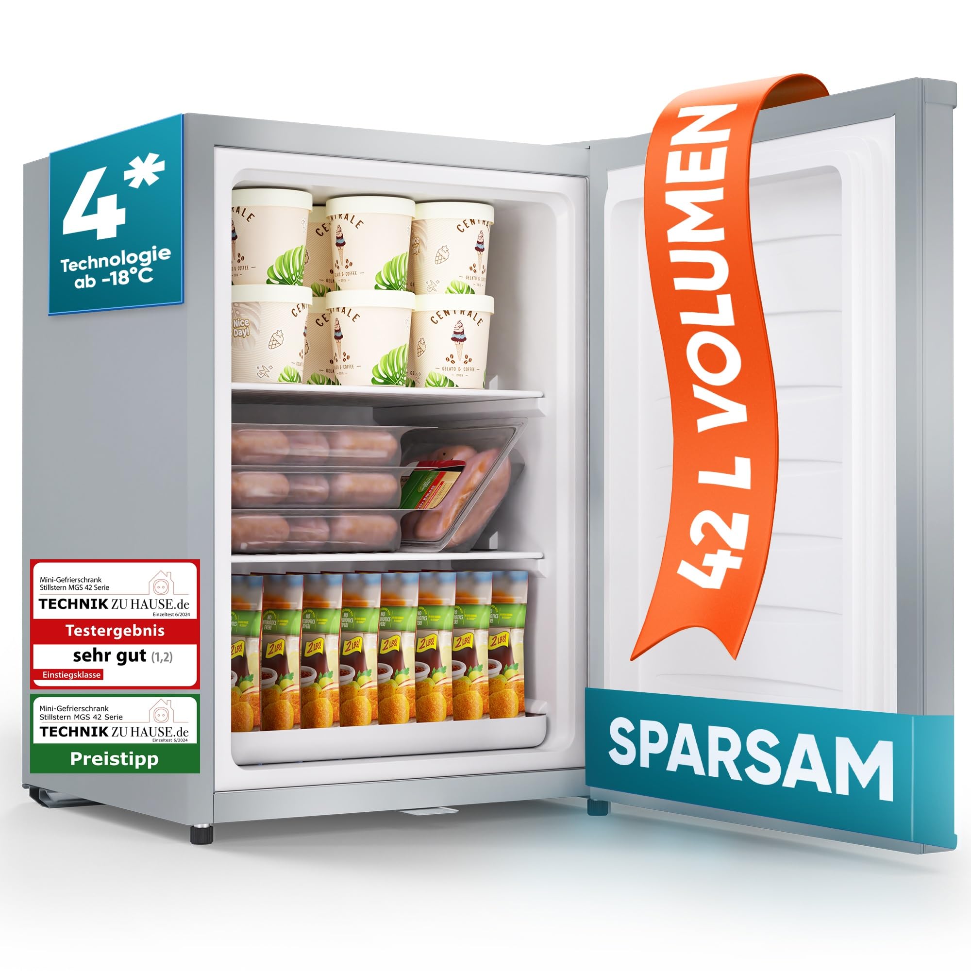 مینی فریزر اشتیل‌شتِرن آلمان Stillstern (42 لیتر) -18 درجه سانتیگراد، سینی یخ، قفل، درب برگشت پذیر، فریزر 4 ستاره برای کمپینگ / فریزر کوچک اداری