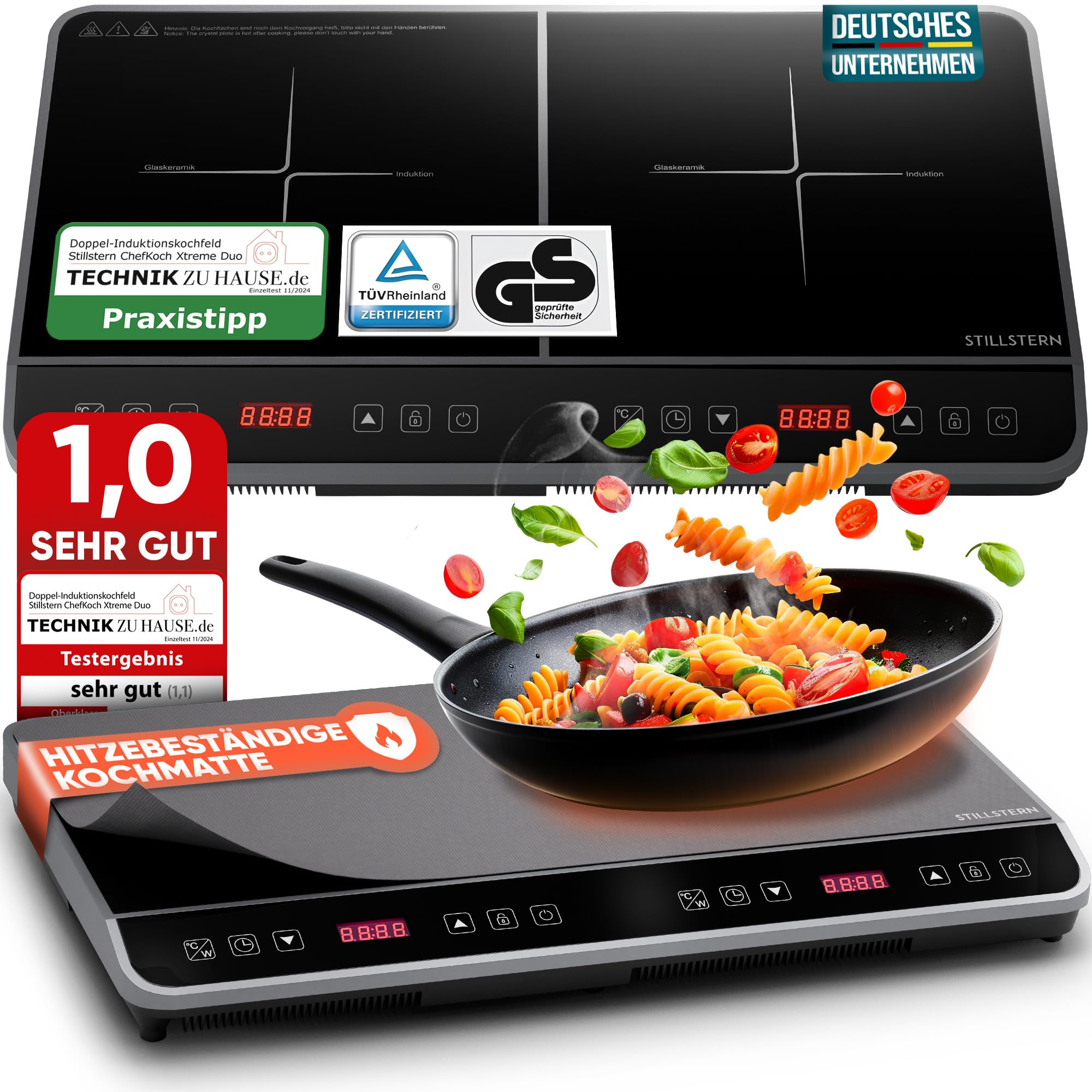 اجاق برقی 2 شعله اشتیل‌شتِرن آلمان  القایی دوبل استیلسترن | اجاق گاز القایی دوگانه [3600W] با عملکرد بی صدا و تقویت کننده توربو، 12 تا 28 سانتی متر، 18 سطح دما و قدرت، تایمر 24 ساعته، قفل کودک، لمسی