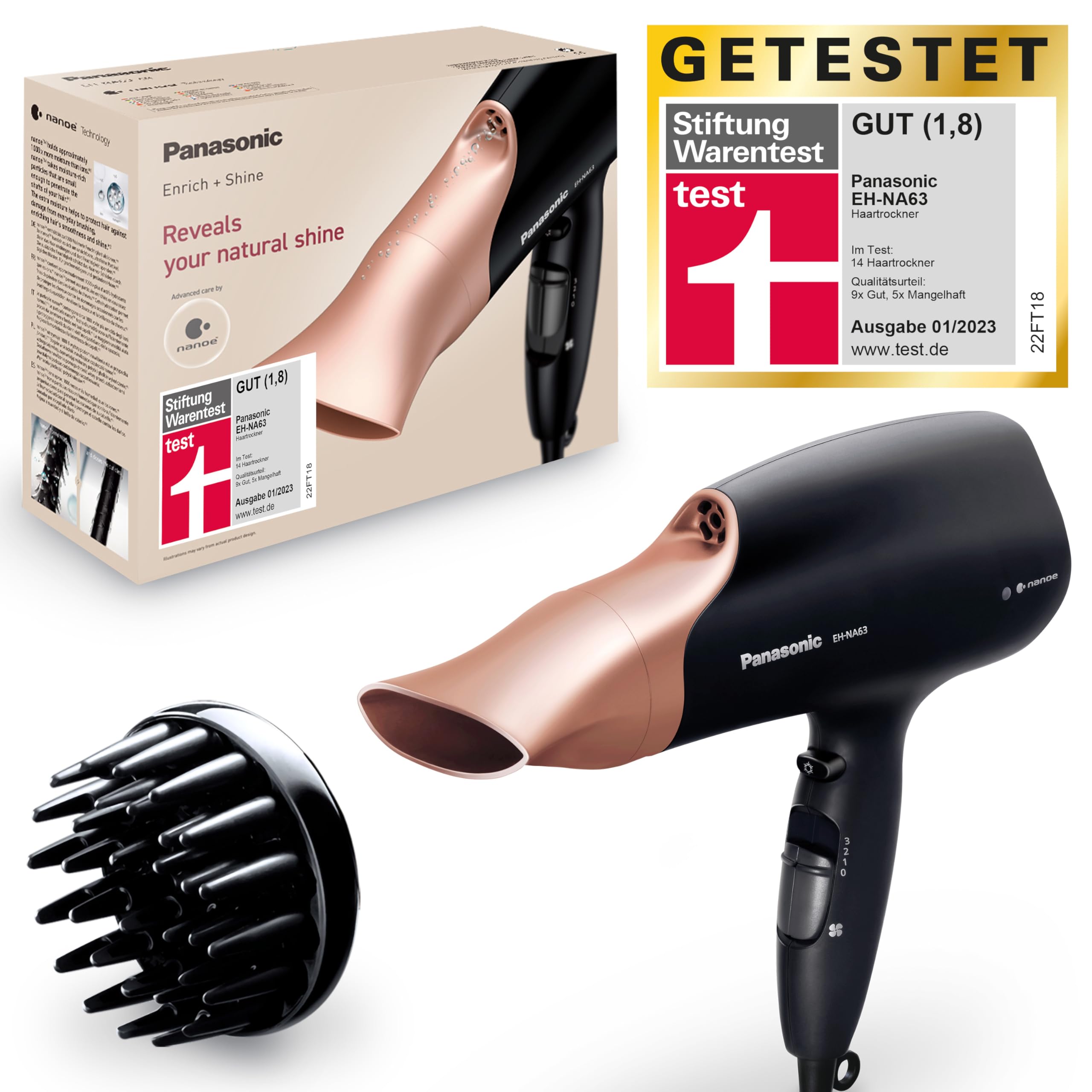 سشوار پاناسونیک EH-NA63 نانو، امتیاز 1.8 از Stiftung Warentest، دارای پخش کننده، نازل حالت دهنده، فن و تنظیمات دما، برای درخشندگی قابل مشاهده، قدرت 2000 وات، طراحی ارگونومیک، رزگلد، 2 نازل