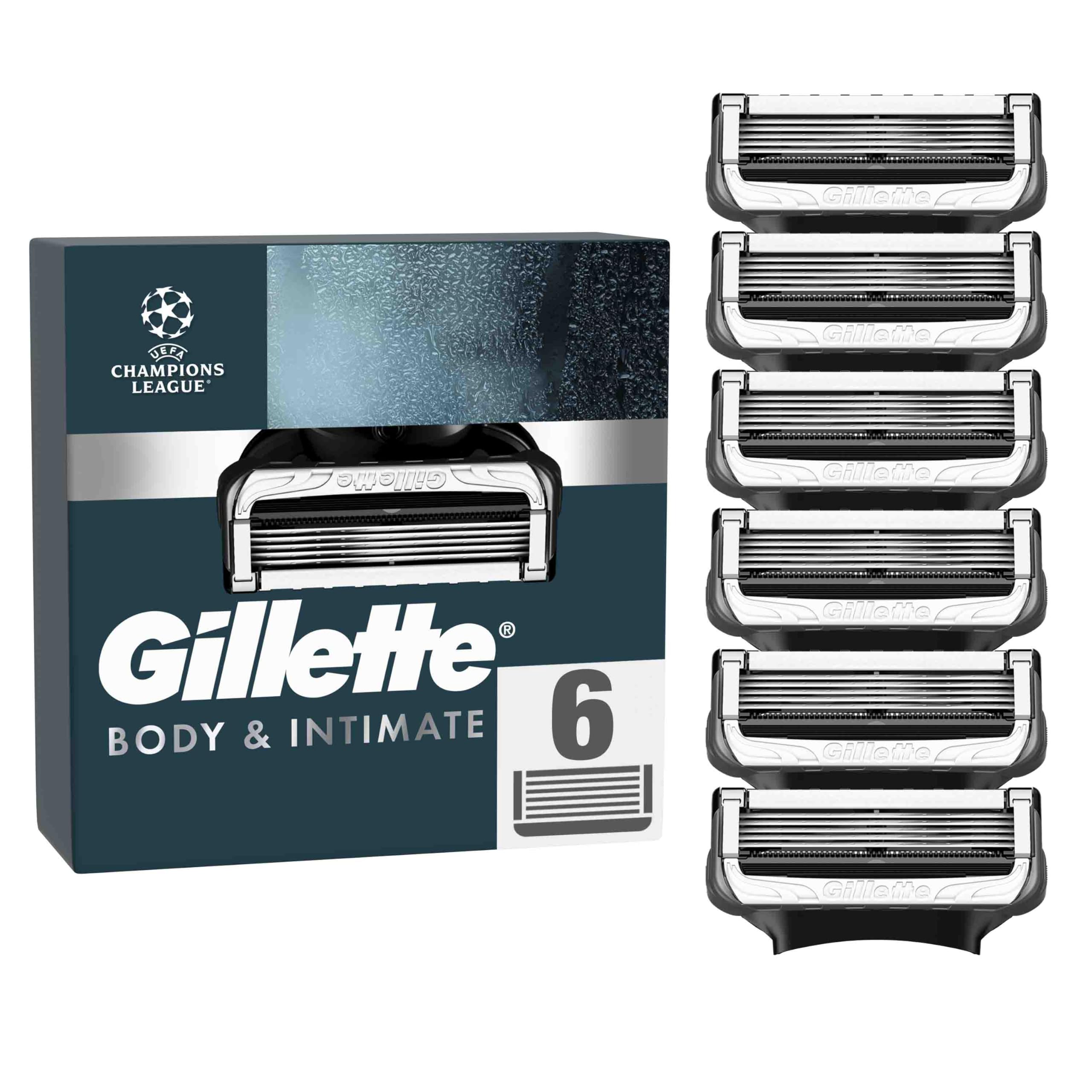 تیغ‌های اصلاح ژیلت مخصوص ناحیه تناسلی، ۶ تیغه جایگزین برای تیغ‌های مرطوب، دارای نوار روان‌کننده برای استفاده روان، تیغه‌های تست‌شده توسط متخصصین پوست برای تیغ، ۶ تیغه