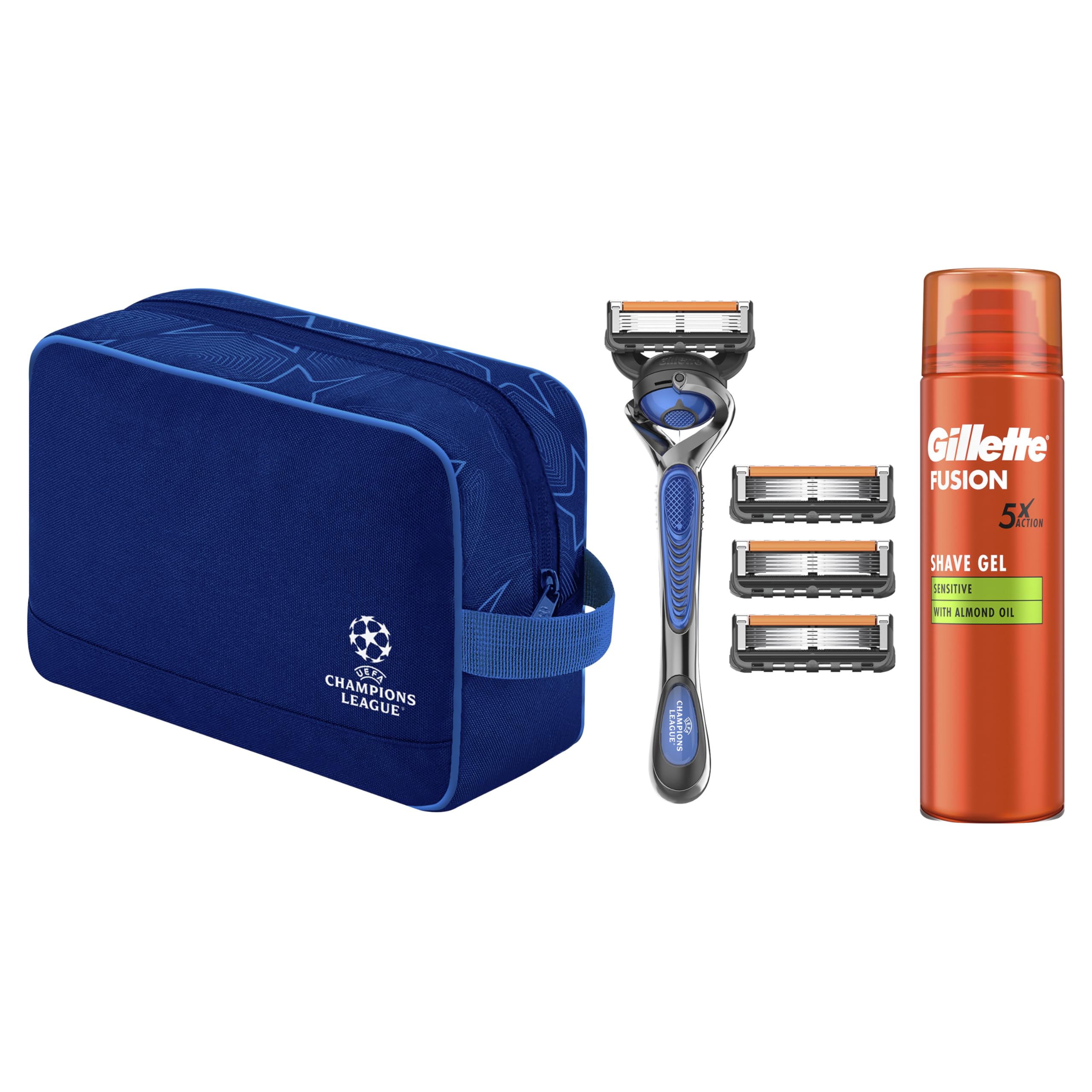 تیغ اصلاح مردانه ژیلت مدل Fusion5، نسخه لیگ قهرمانان اروپا - شامل ۱ تیغ اصلاح مرطوب مردانه، ۴ تیغه جایگزین با نوار روان‌کننده و ۵ تیغه، ژل اصلاح ۲۰۰ میلی‌لیتری و کیف، ست هدیه اصلاح با ماندگاری بالا