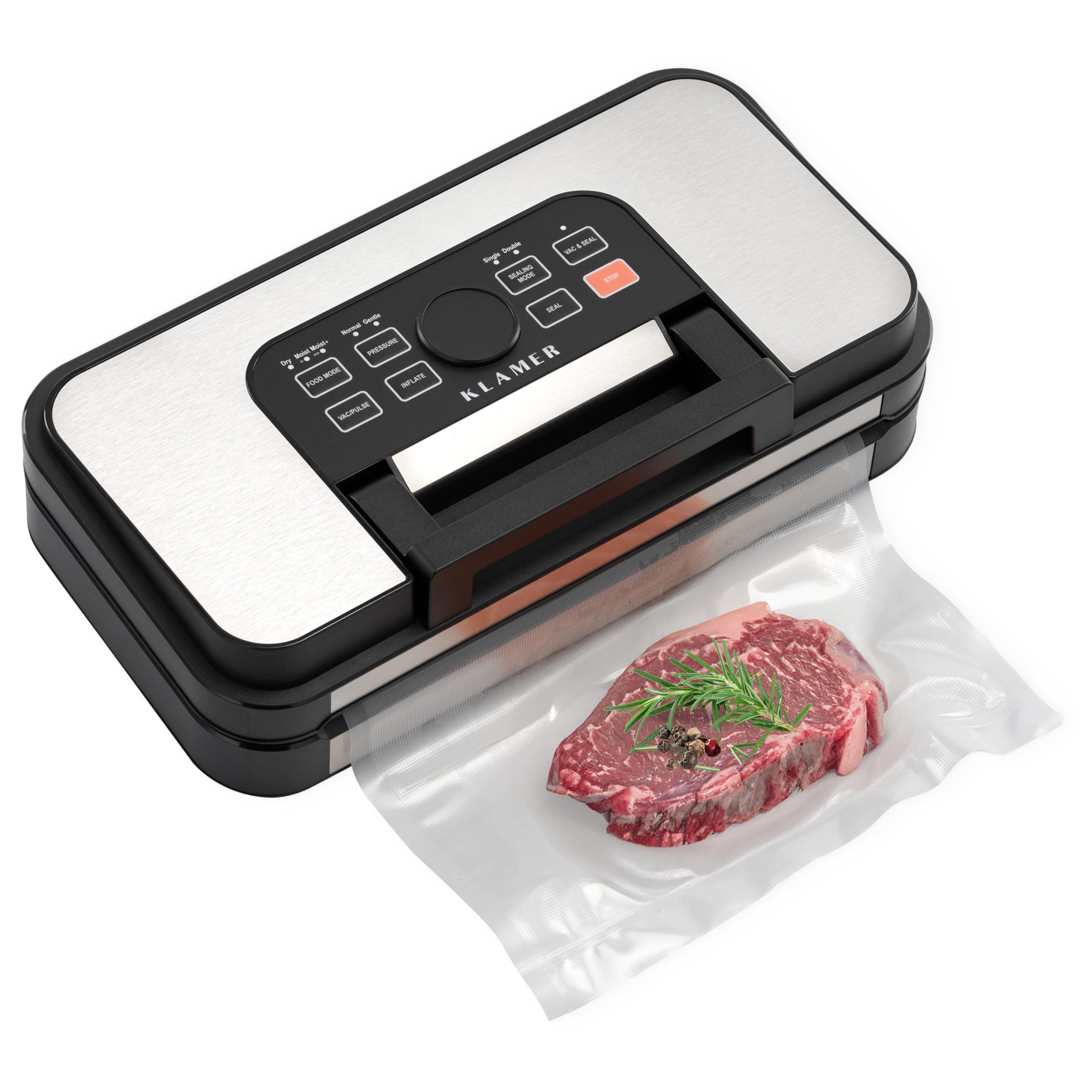 وکیوم خانگی کلامر آلمان KLAMER Premium Vacuum Sealer for Food - وکیوم سیلر برای غذاهای خشک و مرطوب و همچنین سوسیس - درز آب بندی دوبل (نقره ای)
