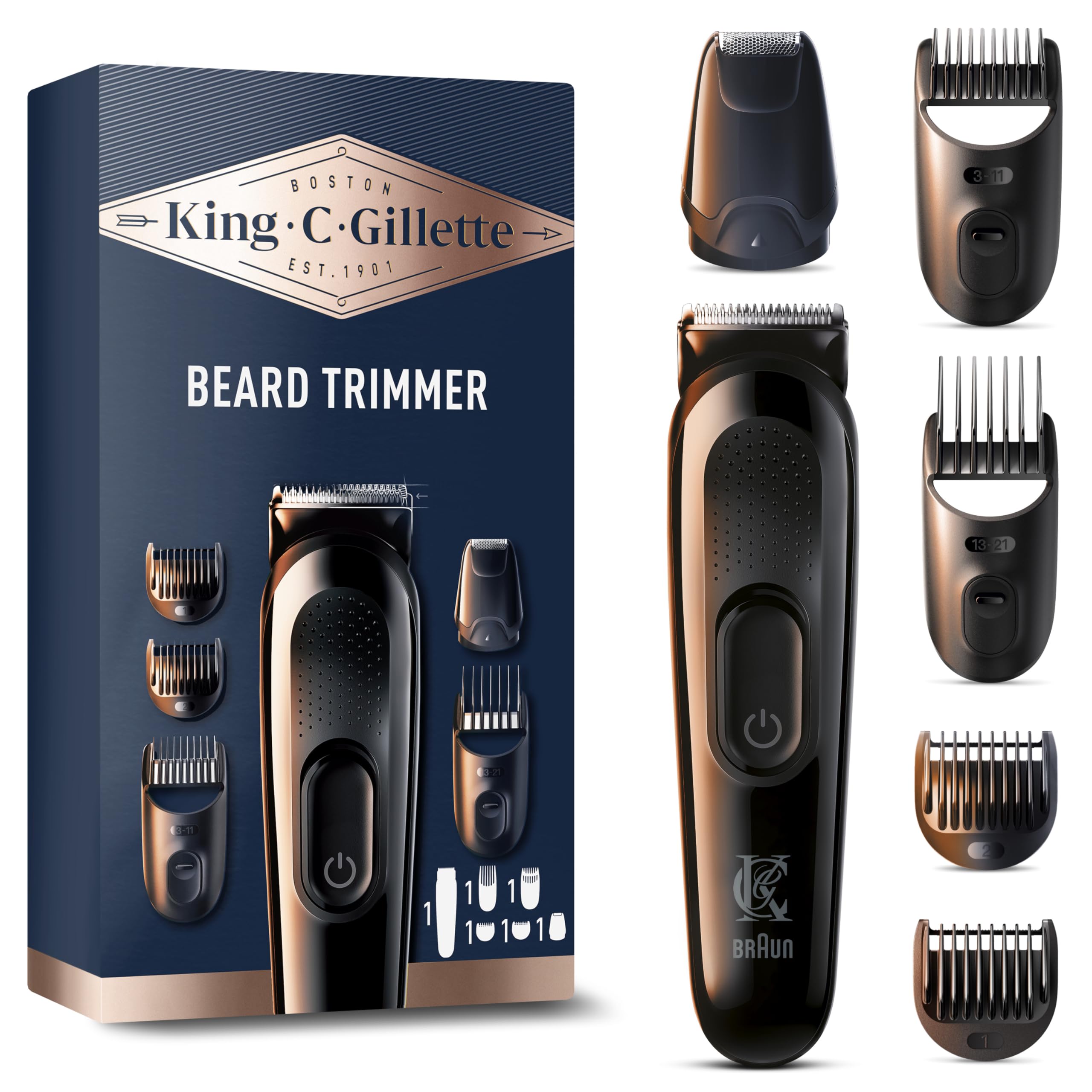 ماشین اصلاح ریش برقی کینگ سی. ژیلت مخصوص آقایان، بی‌سیم با تیغه‌های فوق‌العاده تیز مادام‌العمر، ۴ شانه مختلف برای اصلاح ته ریش، ریش کوتاه، متوسط و بلند، ۴ شانه