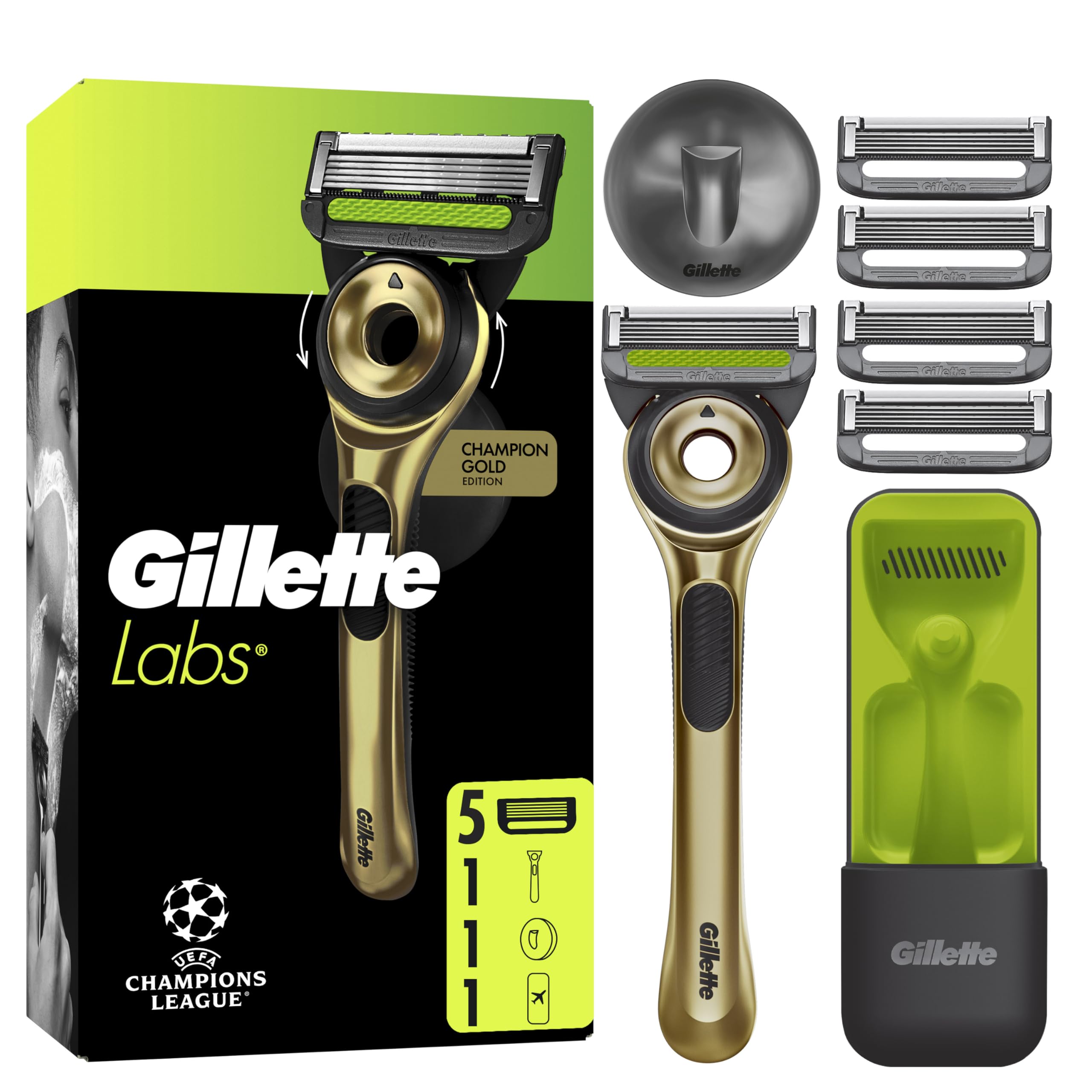 تیغ اصلاح مردانه GilletteLabs با قابلیت تمیز کردن، نسخه طلایی Champion مخصوص اصلاح مردانه در حالت خیس - شامل ۱ دسته، ۱ تیغه جایگزین و پایه دیواری برای نگهداری آسان در حمام. ۱ عدد (۱ بسته) جدید