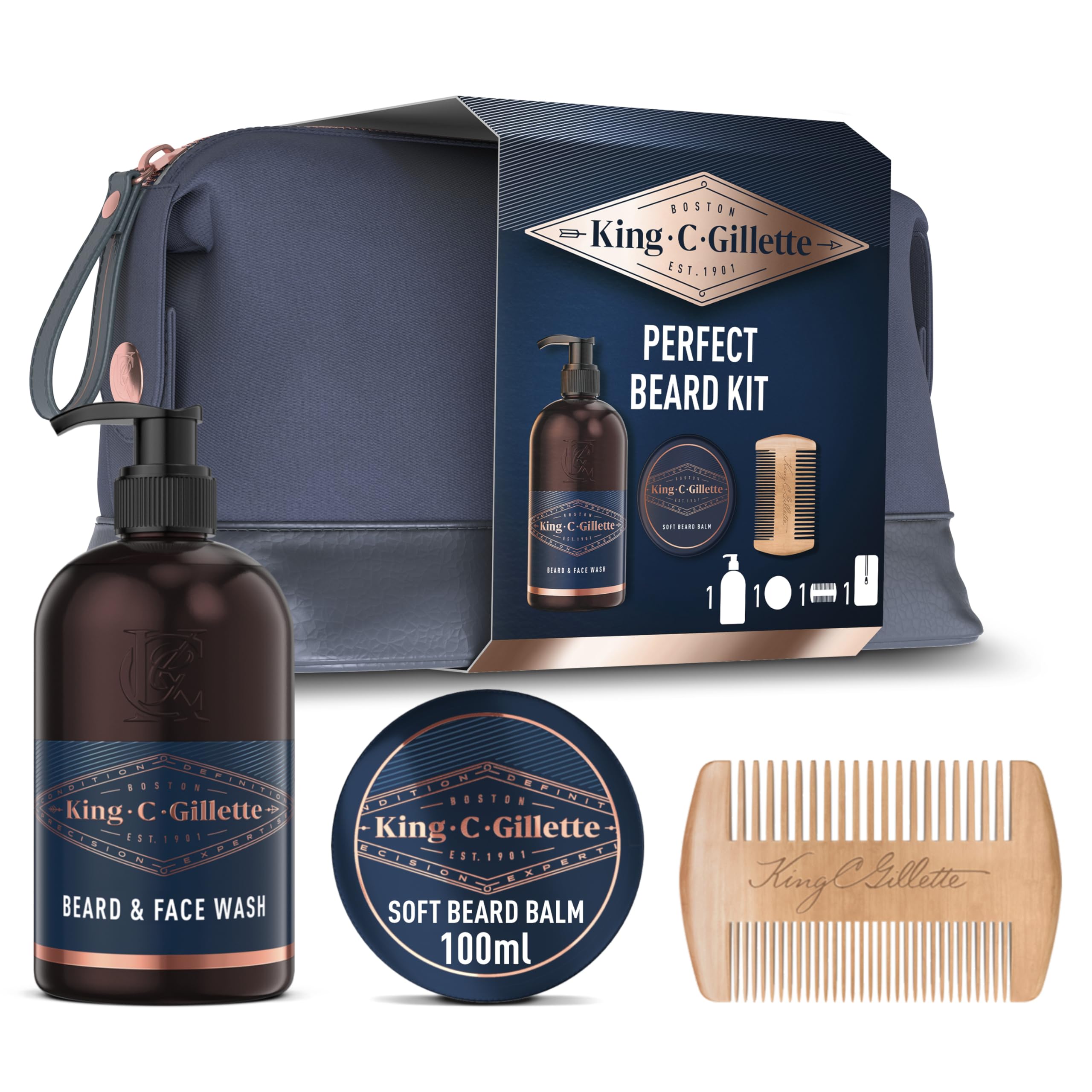 ست هدیه لوازم ضروری مراقبت از ریش کینگ سی. ژیلت: ۳۵۰ میلی‌لیتر ژل شستشو برای مراقبت از ریش و صورت + ۱۰۰ میلی‌لیتر بالم ریش برای نرم کردن ریش + شانه ریش مرغوب + کیف لوازم بهداشتی، هدیه برای آقایان، ست هدیه مراقبت از ریش