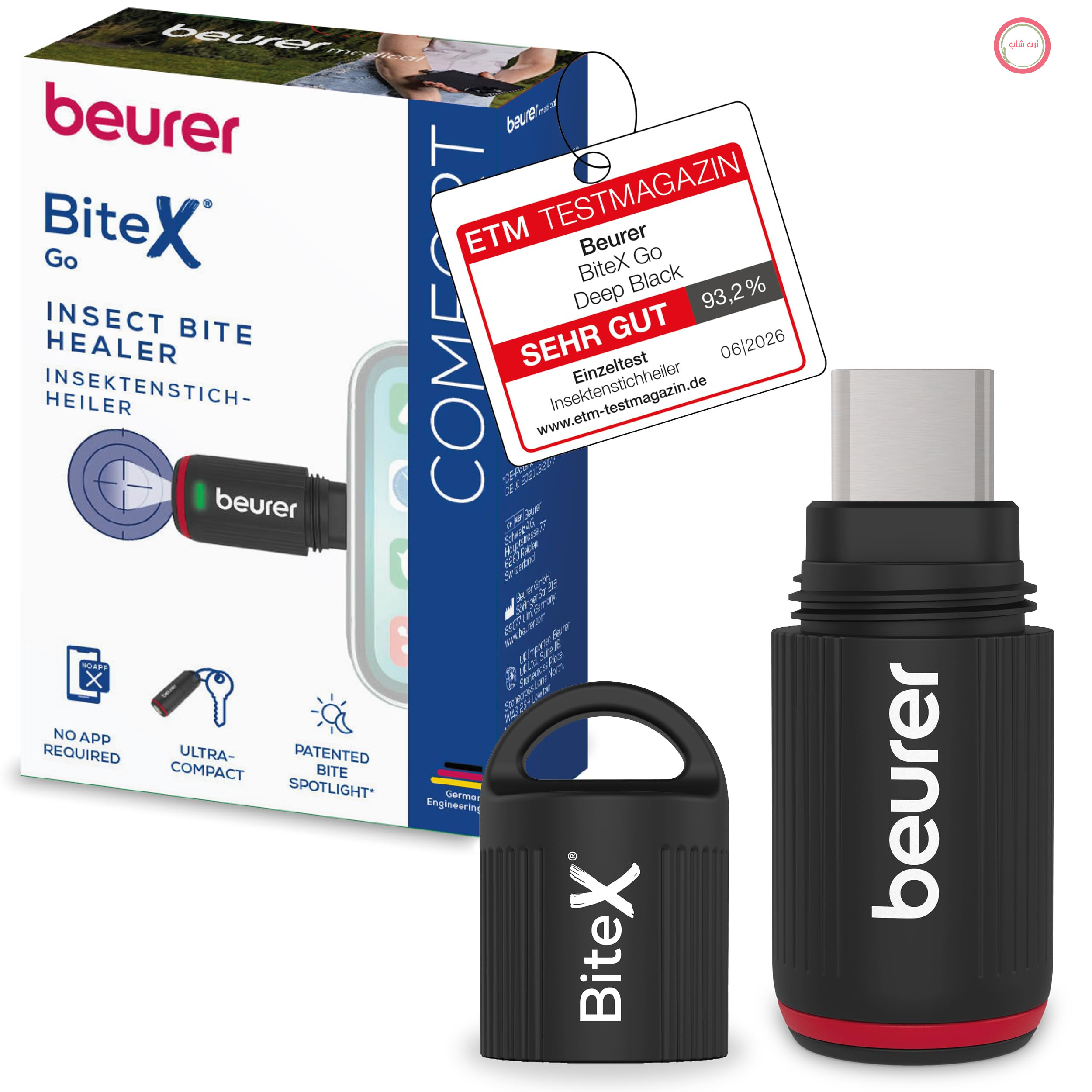 قلم حرارتی گزش حشرات Beurer BiteX Go Deep Black برای گوشی‌های هوشمند، قلم حرارتی گزش پشه برای تسکین خارش و تورم با گرما، قلم برقی گزش برای اندروید و آیفون (USB-C)، با نور، 4.35 در 1.45 سانتی‌متر