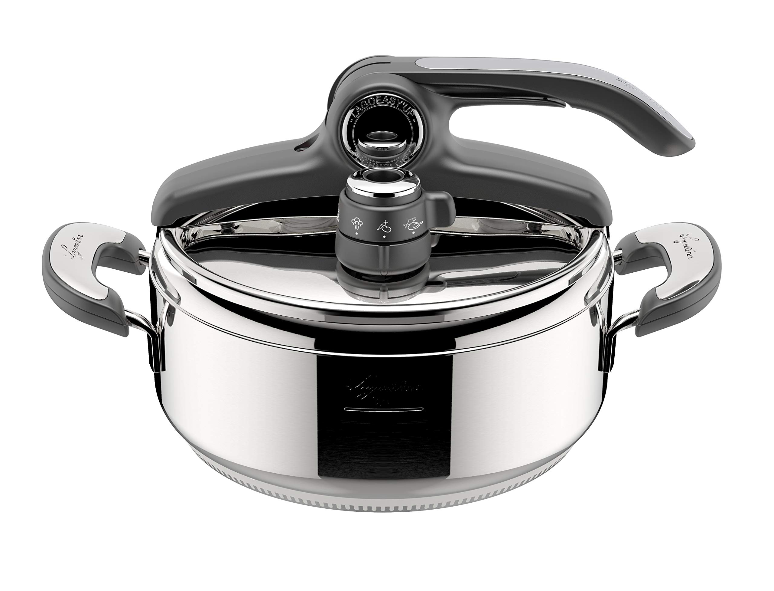 زودپز ۳.۵ لیتری لاگوستینا نوویا ویتامین Lagoeasy'UP از جنس استیل ضد زنگ ۱۸/۱۰، قطر ۲۲ سانتی‌متر، زودپز القایی و گازی، درب آسان بازشو، دارای سبد بخار، ظرف سازگار با محیط زیست و دفترچه دستور پخت ۳.۵ لیتری Lagoeasy'UP تک نفره