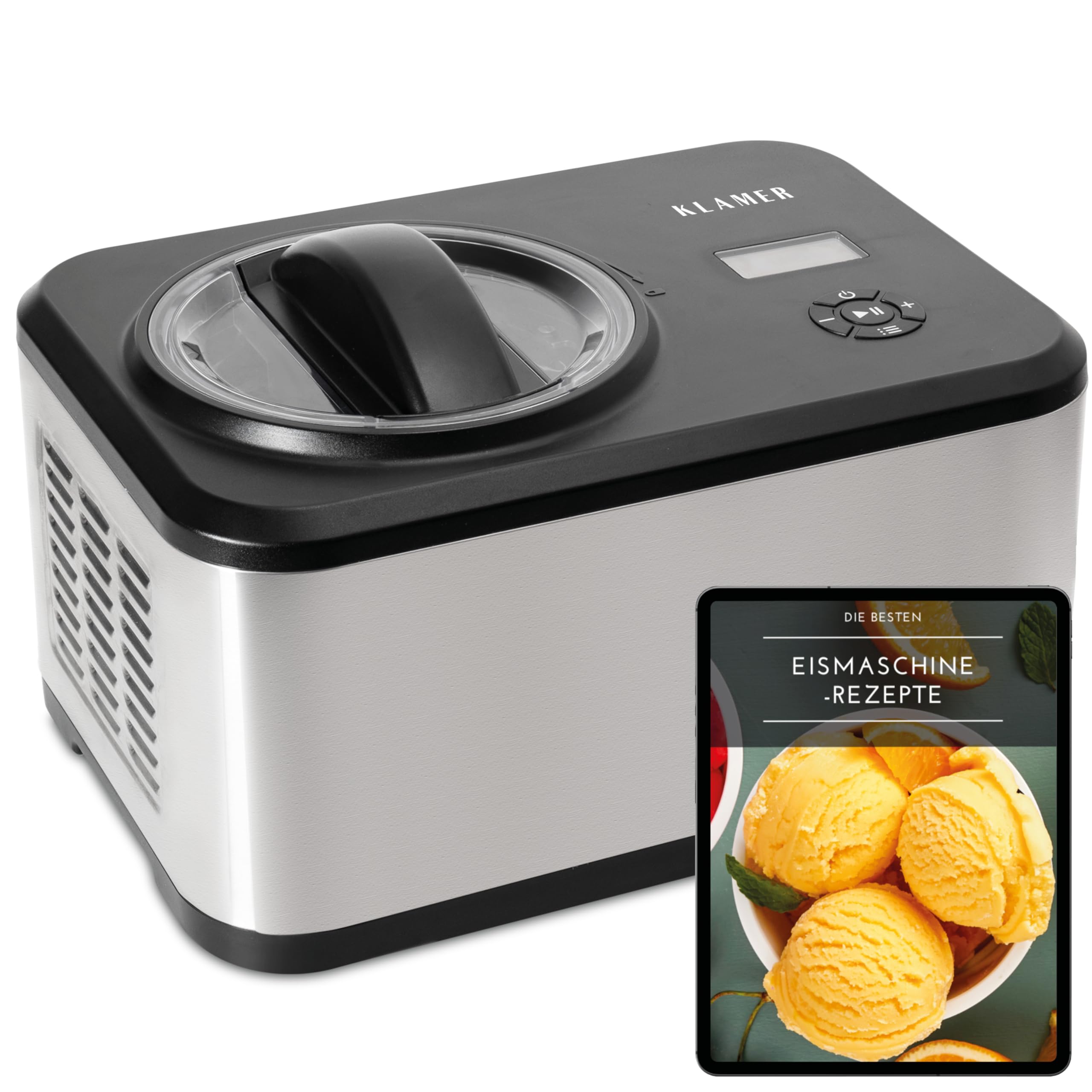 بستنی ساز 1.5 لیتری کلامر آلمان بستنی ساز 120 واتی استیل ضد زنگ با عملکرد خنک کننده، بستنی خانگی با کمپرسور خود خنک شونده