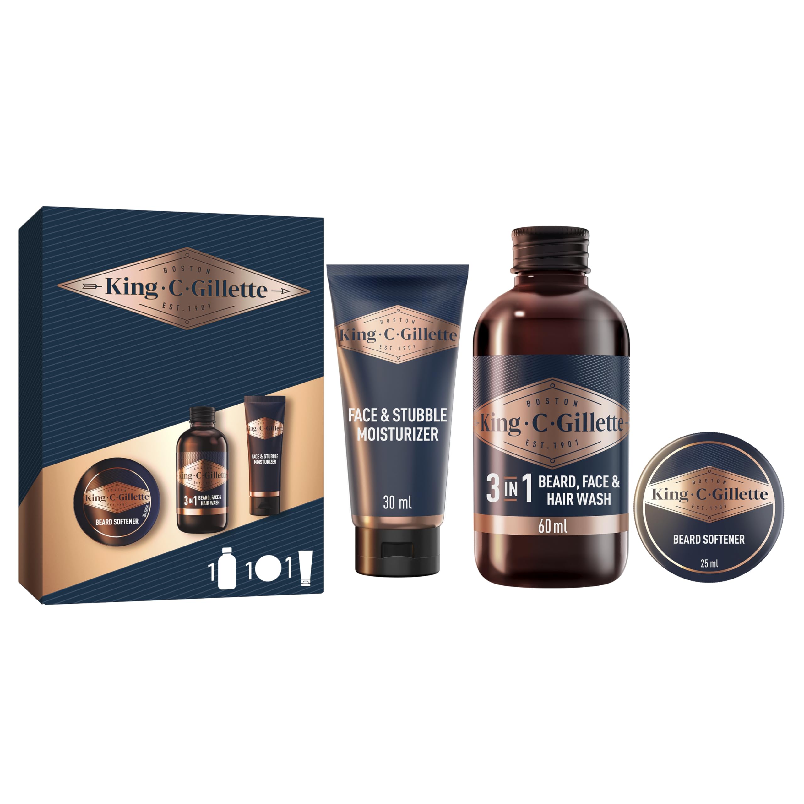 ست مسافرتی کوچک کینگ سی. ژیلت، ست هدیه آزمایشی، ملزومات مراقبت از ریش: مراقبت ۳ روزه از ریش و صورت ۳۰ میلی‌لیتر + شامپو ریش ۶۰ میلی‌لیتر + بالم ریش ۳۰ میلی‌لیتر، هدیه برای آقایان