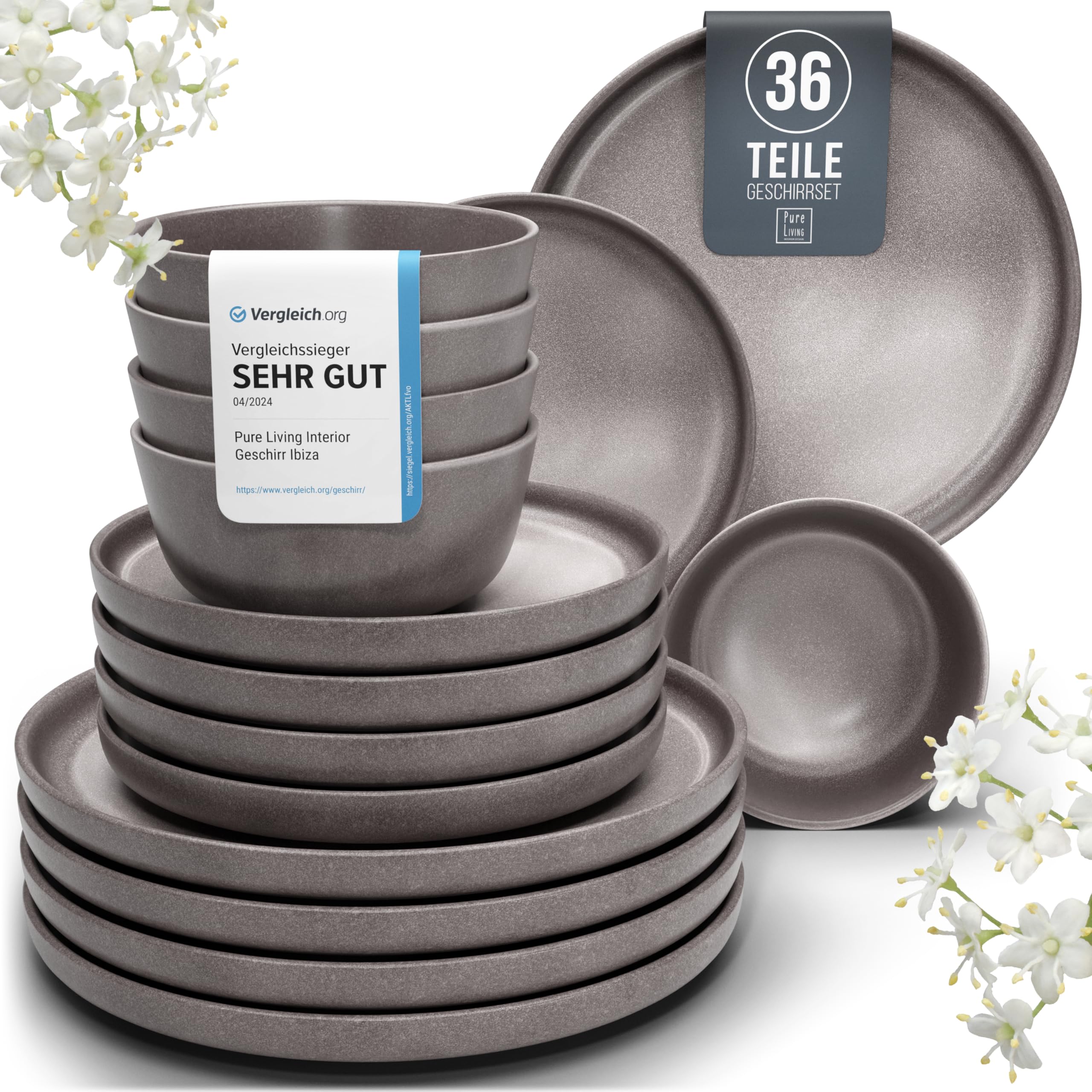 سرویس غذاخوری ۱۲ نفره ۳۶ پارچه گرانیتی با کیفیت بالا به سبک شهری، تست خیلی خوب، سرویس غذاخوری گرانیتی - سرویس کاسه و بشقاب - سرویس غذاخوری ۱۲ نفره، سرویس غذاخوری Pure Living به رنگ خاکستری-قهوه‌ای مات، سرویس ۳۶ پارچه گرانیتی مات