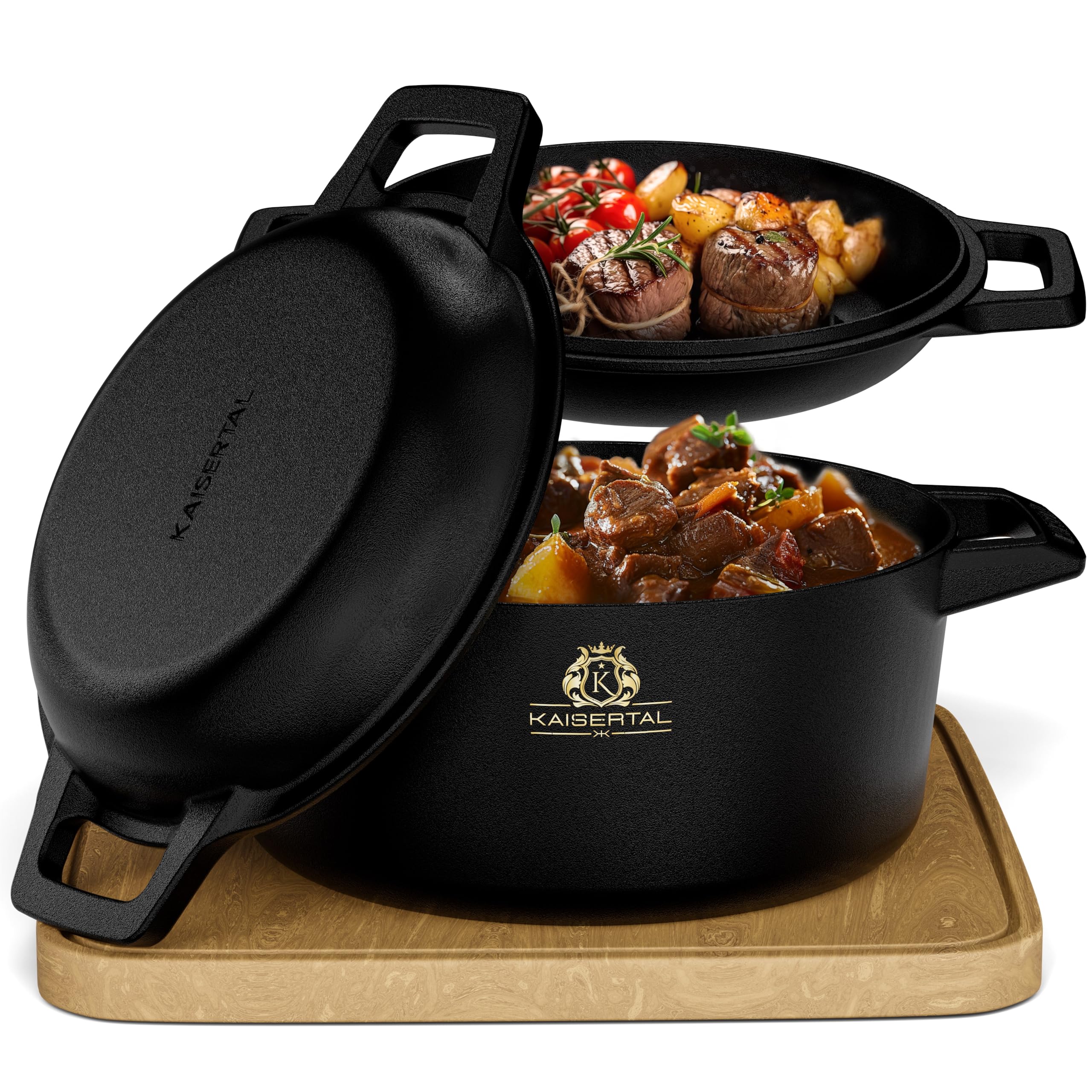 قابلمه چدنی KAISERTAL – کباب‌پز ۲ در ۱ با درب ۴.۸ لیتر و تابه چدنی ۱.۸ لیتر – قابلمه با درب و کباب‌پز چدنی – قابلمه پخت نان، قابلمه کباب‌پز، مجموعه کباب‌پز القایی فضای باز شامل کتاب دستور غذا، قابلمه ۲۶ سانتی‌متری