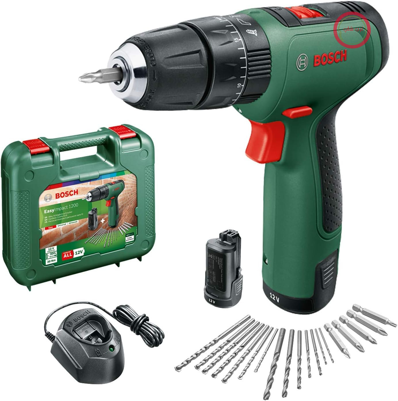 دریل پیچ گوشتی شارژی بوش آلمان Bosch مدل Bosch EasyImpact 1200 باتری 2 عدد سیستم ۱۲ ولت، مجموعه ۱۹ تکه‌ای