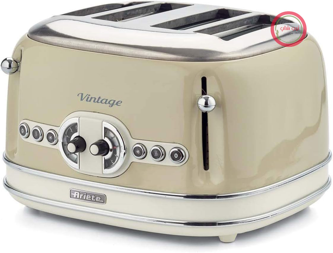توستر Ariete Vintage 156، 4 تکه، توستر رترو با 6 سطح تست، تخلیه خودکار، عملکرد یخ‌زدایی، سینی خرده نان قابل جدا شدن، محفظه استیل ضد زنگ، 1600 وات، بژ