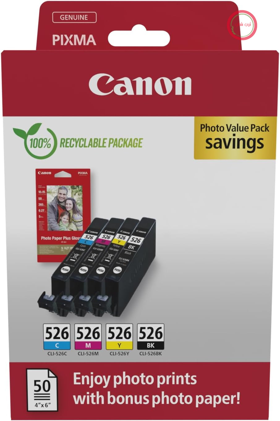 کارتریج جوهر افشان کانن CLI-526 C M Y BK مدل Value Pack، شامل ۴ کارتریج (مشکی، فیروزه‌ای، سرخابی، زرد) اورجینال + ۵۰ برگ کاغذ عکس ۱۰x۱۵ سانتی‌متری [بسته‌بندی مقوایی بازیافتی ۲۰۲۴]
