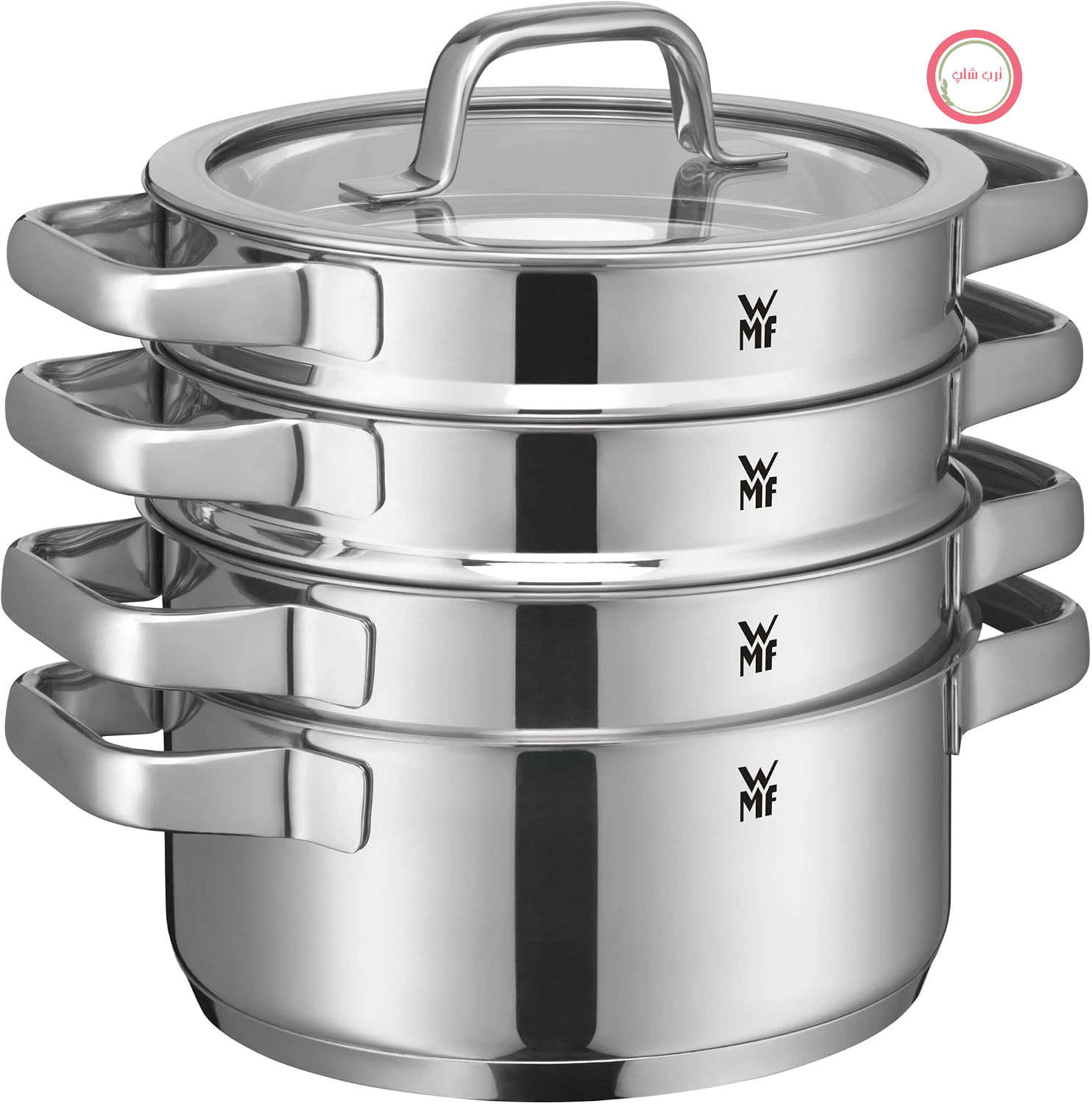 سرویس قابلمه القایی 4 تکه WMF Compact Cuisine، سرویس قابلمه با درب شیشه‌ای، استیل ضد زنگ Cromargan صیقلی، قابلمه و تابه بدون پوشش، مقیاس اندازه‌گیری داخلی