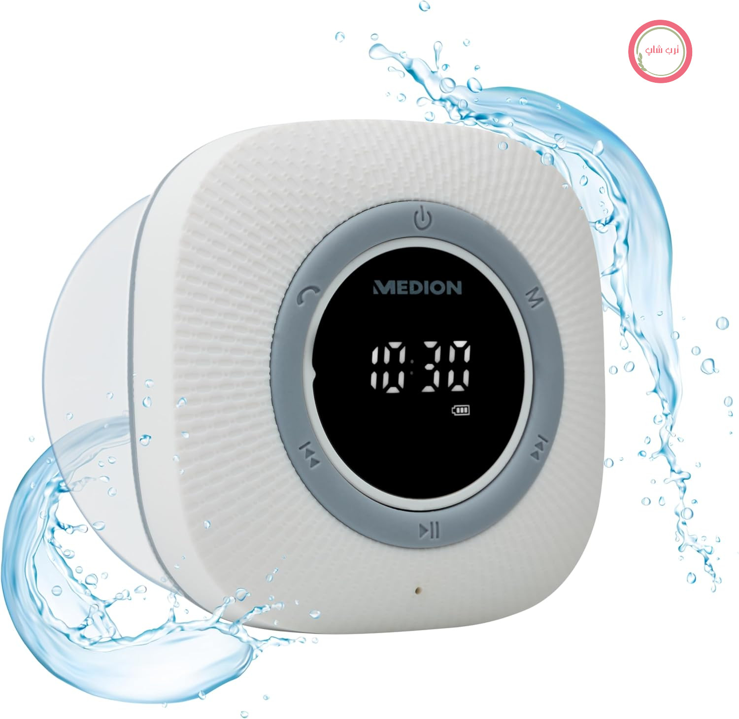 رادیو دوش MEDION P66096 با بلوتوث (رادیو حمام، رادیو FM، فنجان مکش، صفحه نمایش LED، ضد آب IPX6، باتری یکپارچه) سفید