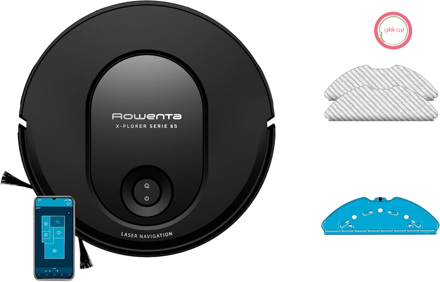 جارو رباتیک تی کش روونتا آلمان Rowenta Xplorer Series 65 مخصوص کارهای خشک و تر، ناوبری لیزری، زمان کارکرد ۱۲۰ دقیقه، کنترل اپلیکیشن، ارتفاع تنها ۷.۸ سانتی‌متر، تی الکترونیکی، پایه شارژ، مشکی، RR8L65WH